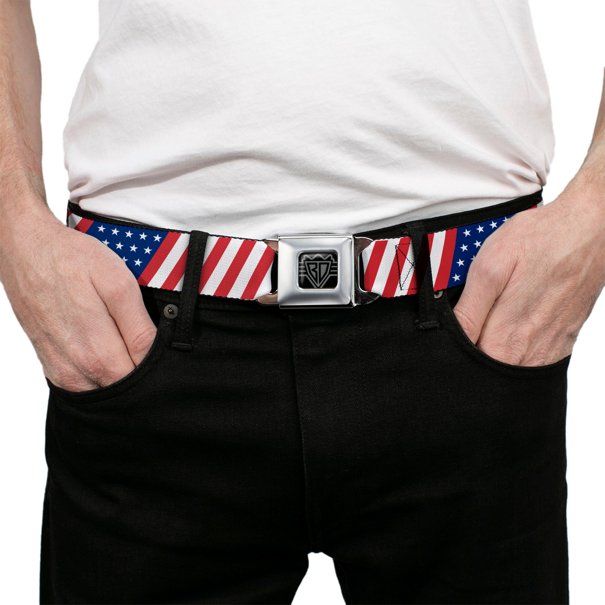 BD Wings Logo CLOSE-UP Full Color Black Silver Seatbelt Belt - American Flag Diagonal Webbing Seatbelt Belts Buckle-Down