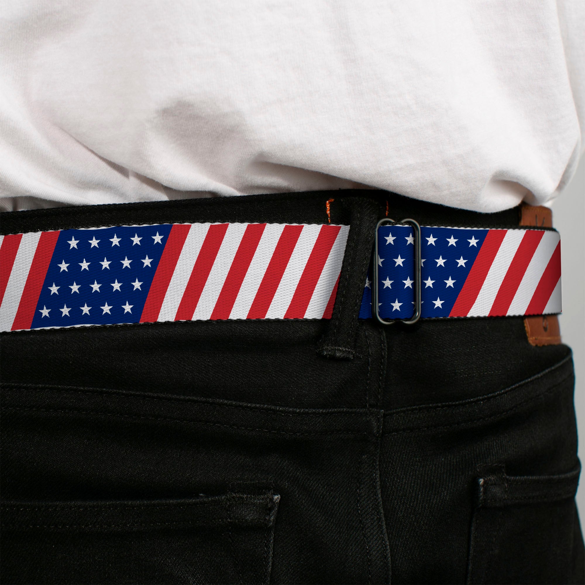 BD Wings Logo CLOSE-UP Full Color Black Silver Seatbelt Belt - American Flag Diagonal Webbing Seatbelt Belts Buckle-Down