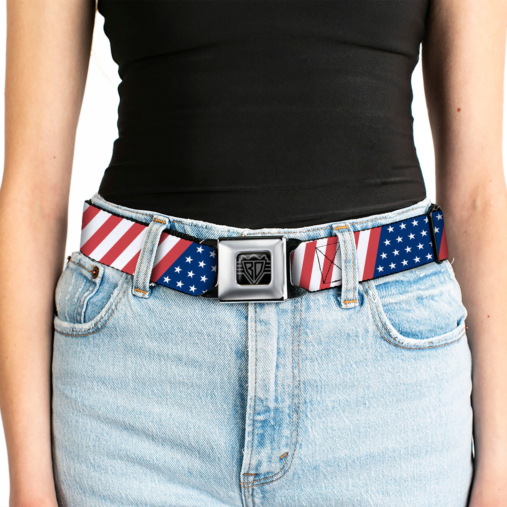 BD Wings Logo CLOSE-UP Full Color Black Silver Seatbelt Belt - American Flag Diagonal Webbing Seatbelt Belts Buckle-Down