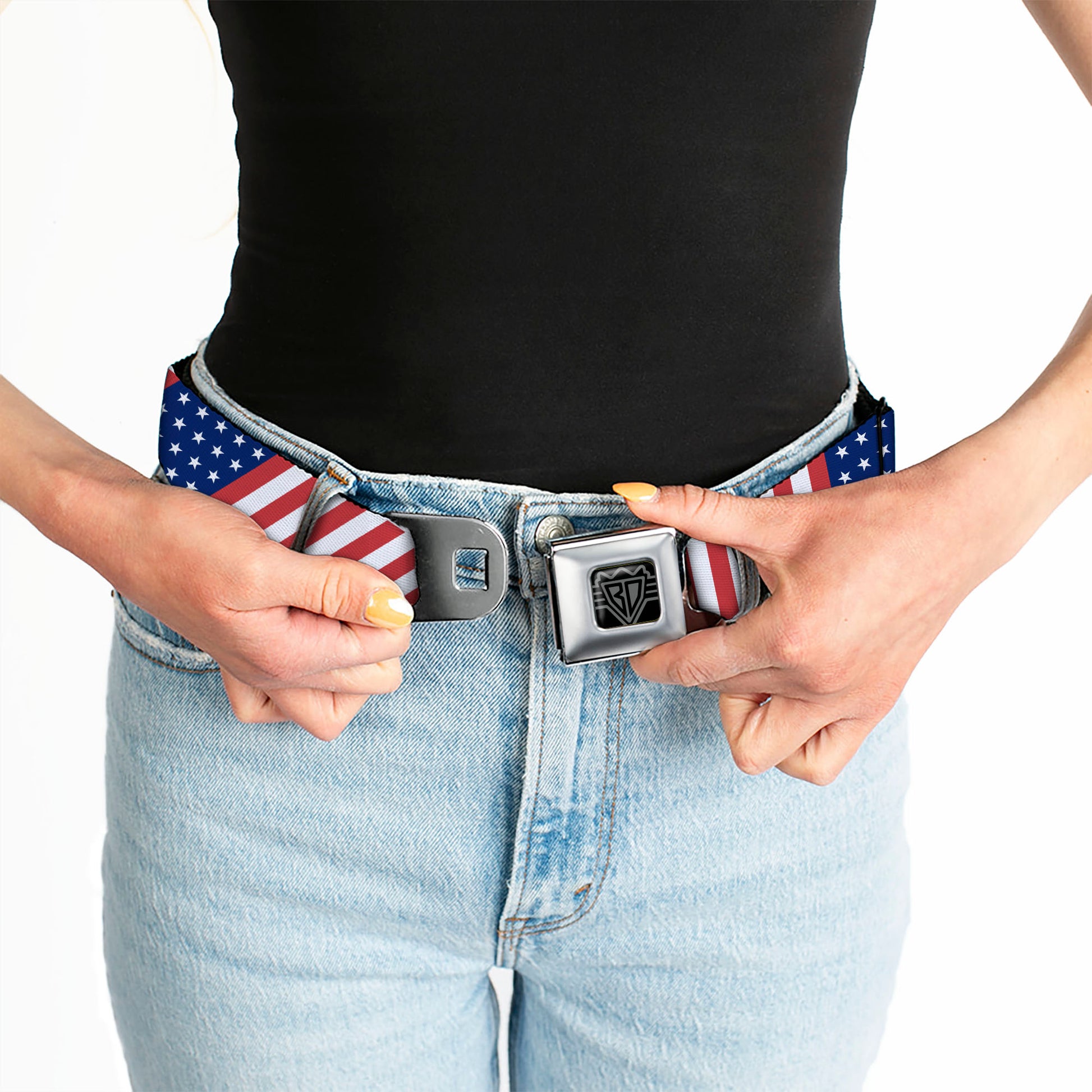 BD Wings Logo CLOSE-UP Full Color Black Silver Seatbelt Belt - American Flag Diagonal Webbing Seatbelt Belts Buckle-Down