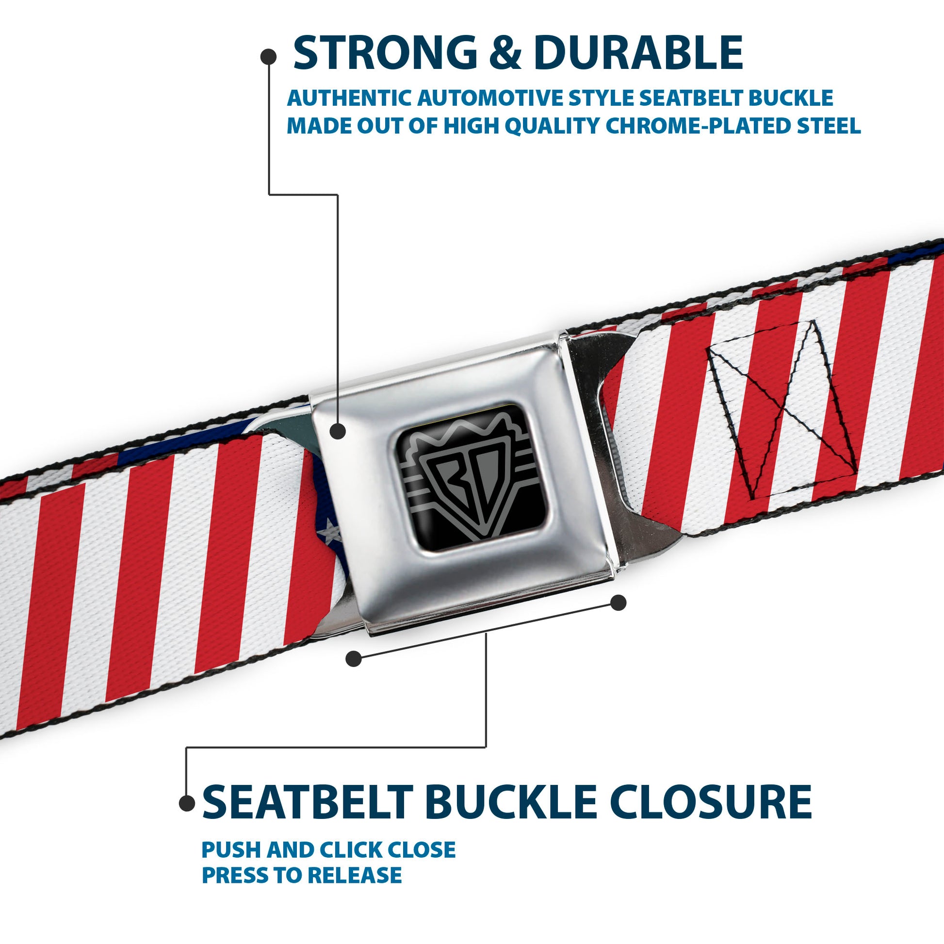BD Wings Logo CLOSE-UP Full Color Black Silver Seatbelt Belt - American Flag Diagonal Webbing Seatbelt Belts Buckle-Down
