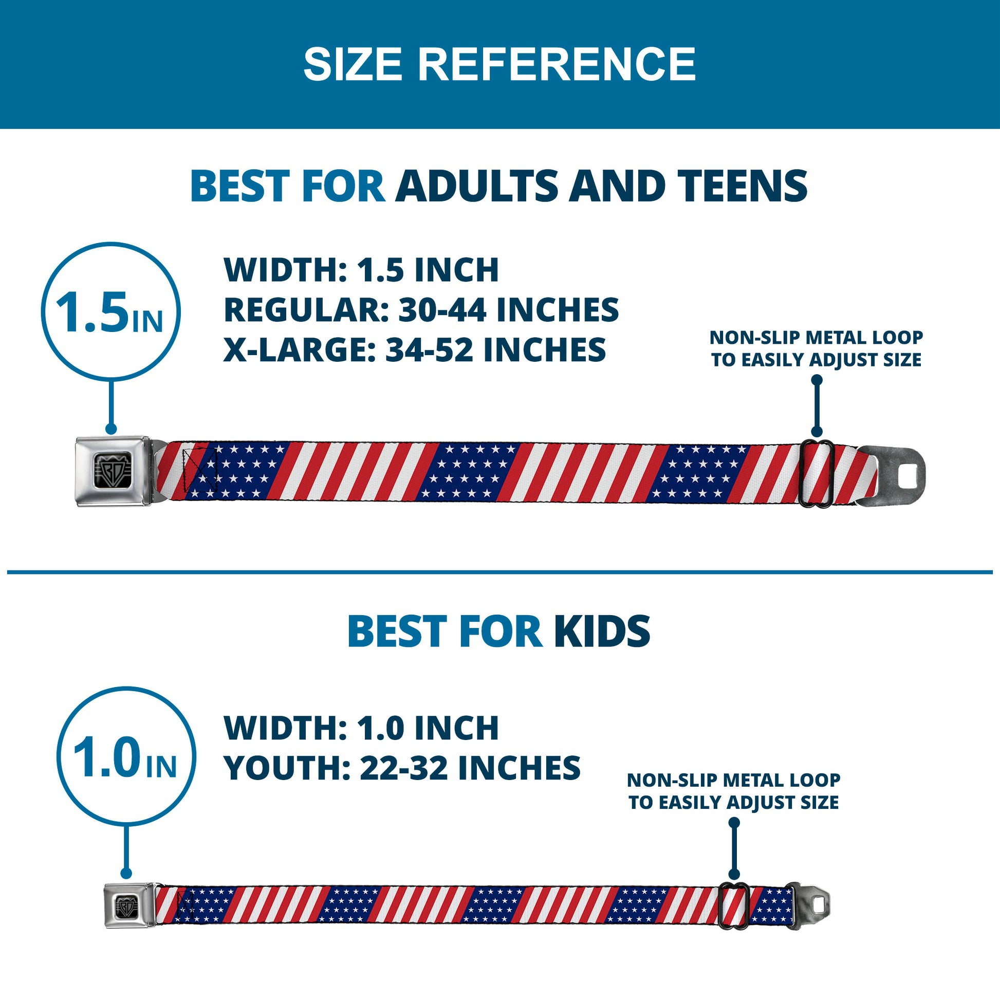 BD Wings Logo CLOSE-UP Full Color Black Silver Seatbelt Belt - American Flag Diagonal Webbing Seatbelt Belts Buckle-Down