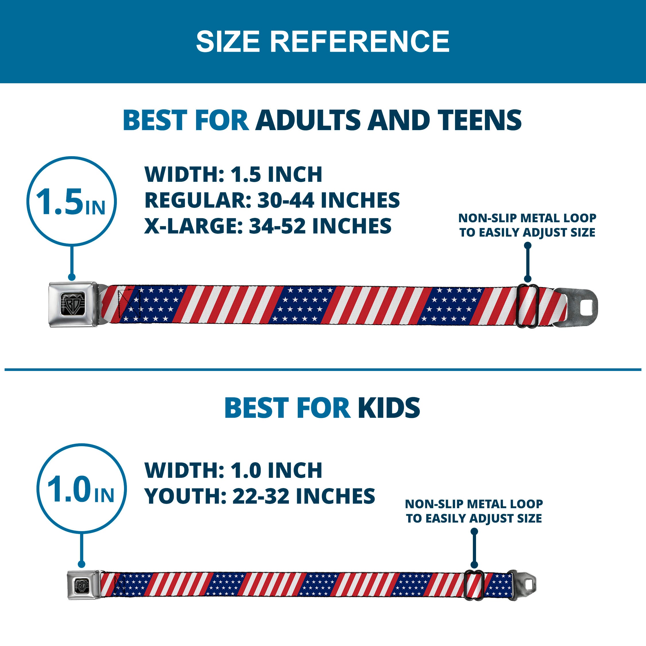 BD Wings Logo CLOSE-UP Full Color Black Silver Seatbelt Belt - American Flag Diagonal Webbing Seatbelt Belts Buckle-Down