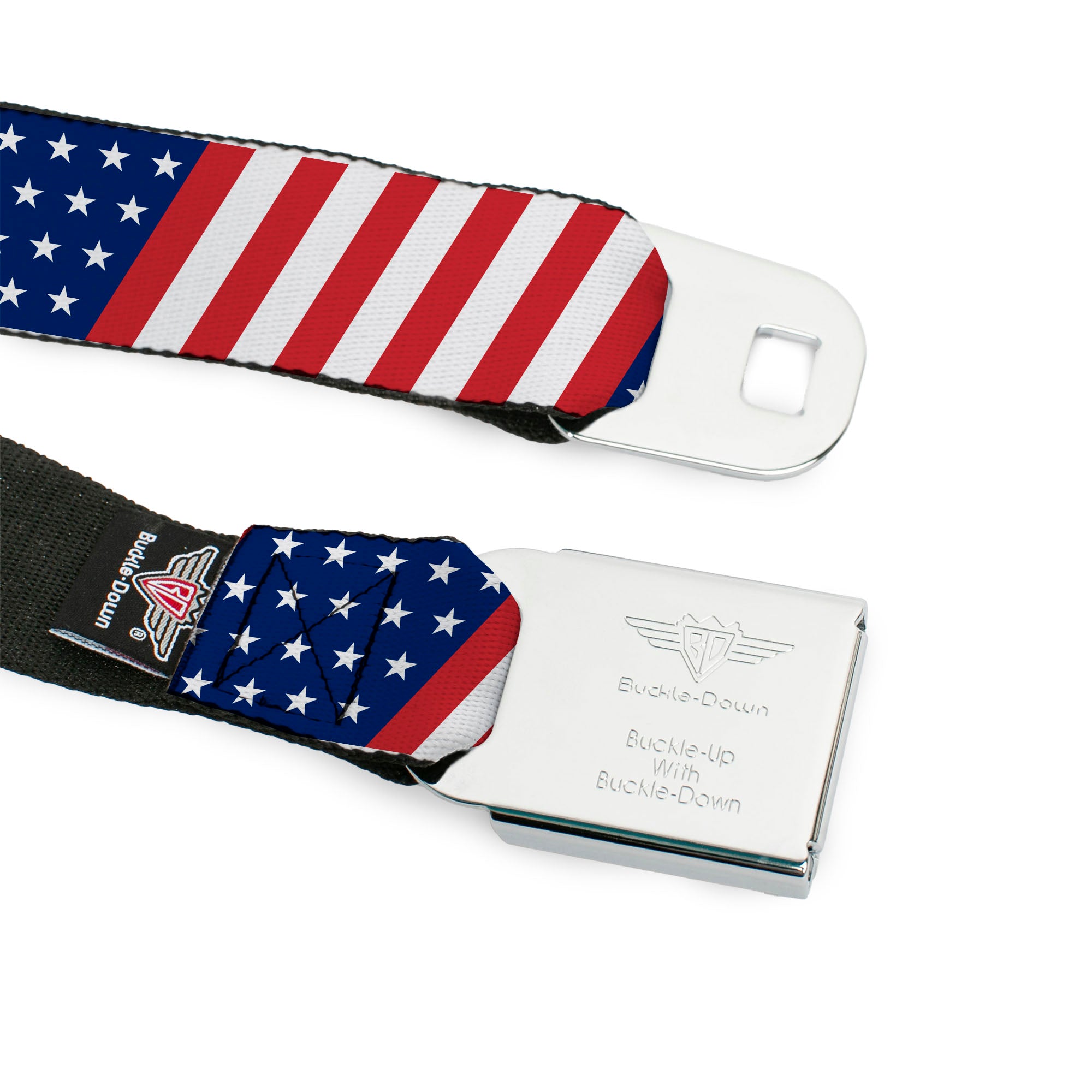 BD Wings Logo CLOSE-UP Full Color Black Silver Seatbelt Belt - American Flag Diagonal Webbing Seatbelt Belts Buckle-Down