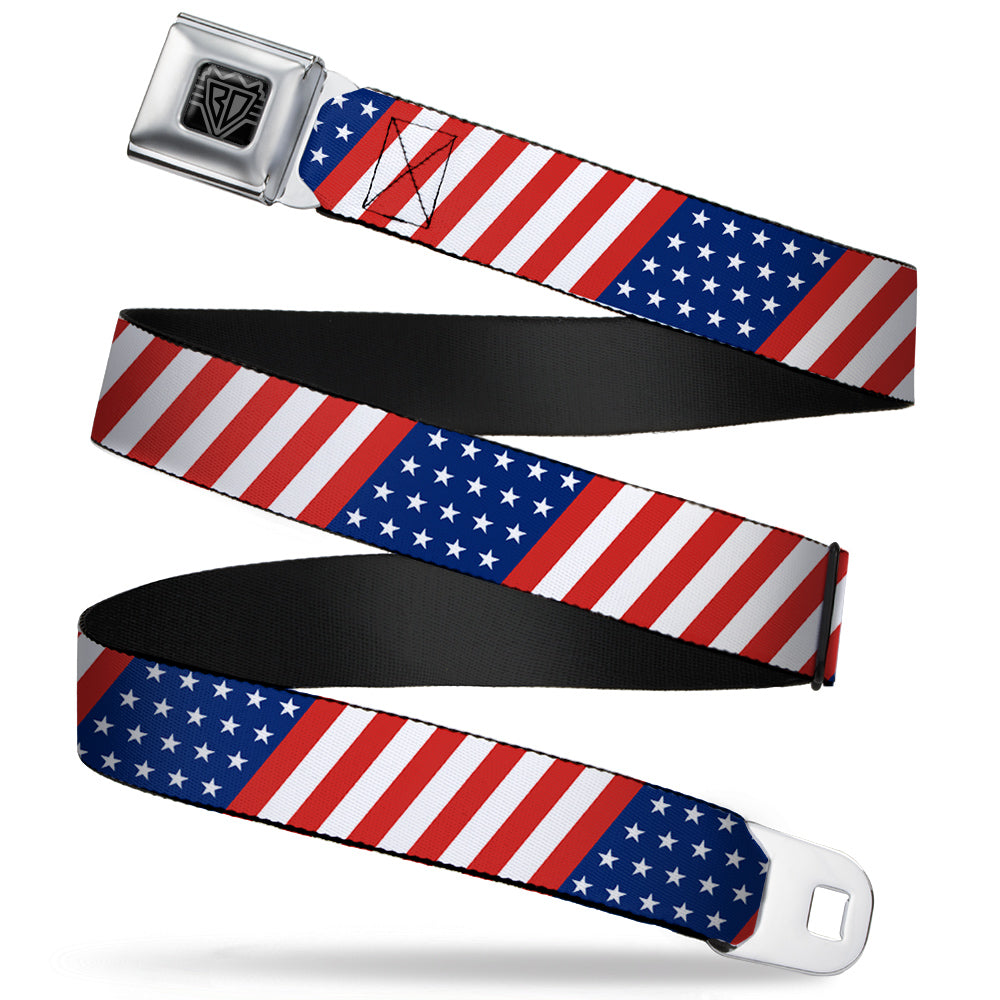 BD Wings Logo CLOSE-UP Full Color Black Silver Seatbelt Belt - American Flag Diagonal Webbing Seatbelt Belts Buckle-Down