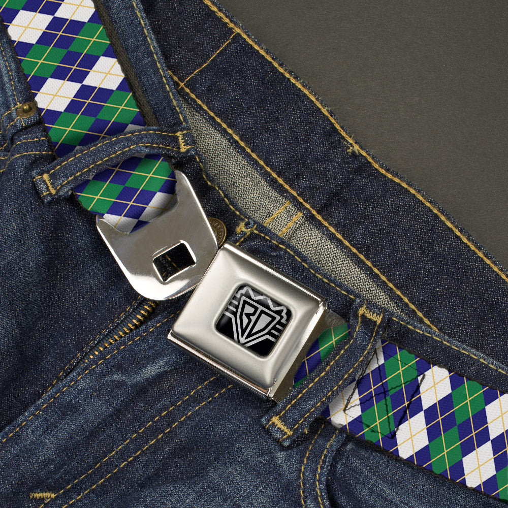 BD Wings Logo CLOSE-UP Full Color Black Silver Seatbelt Belt - Argyle Navy/Green/White/Gold Webbing Seatbelt Belts Buckle-Down