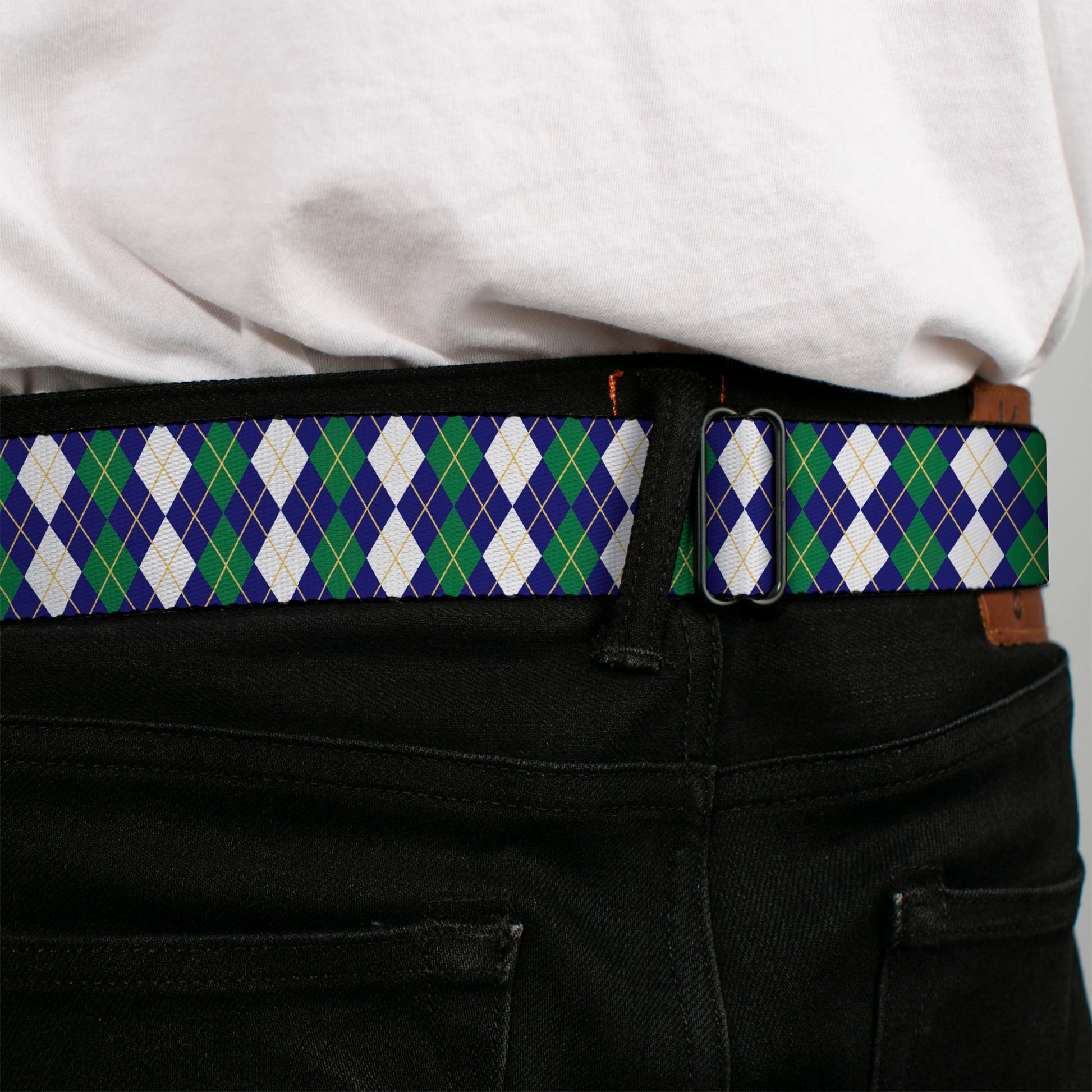 BD Wings Logo CLOSE-UP Full Color Black Silver Seatbelt Belt - Argyle Navy/Green/White/Gold Webbing Seatbelt Belts Buckle-Down