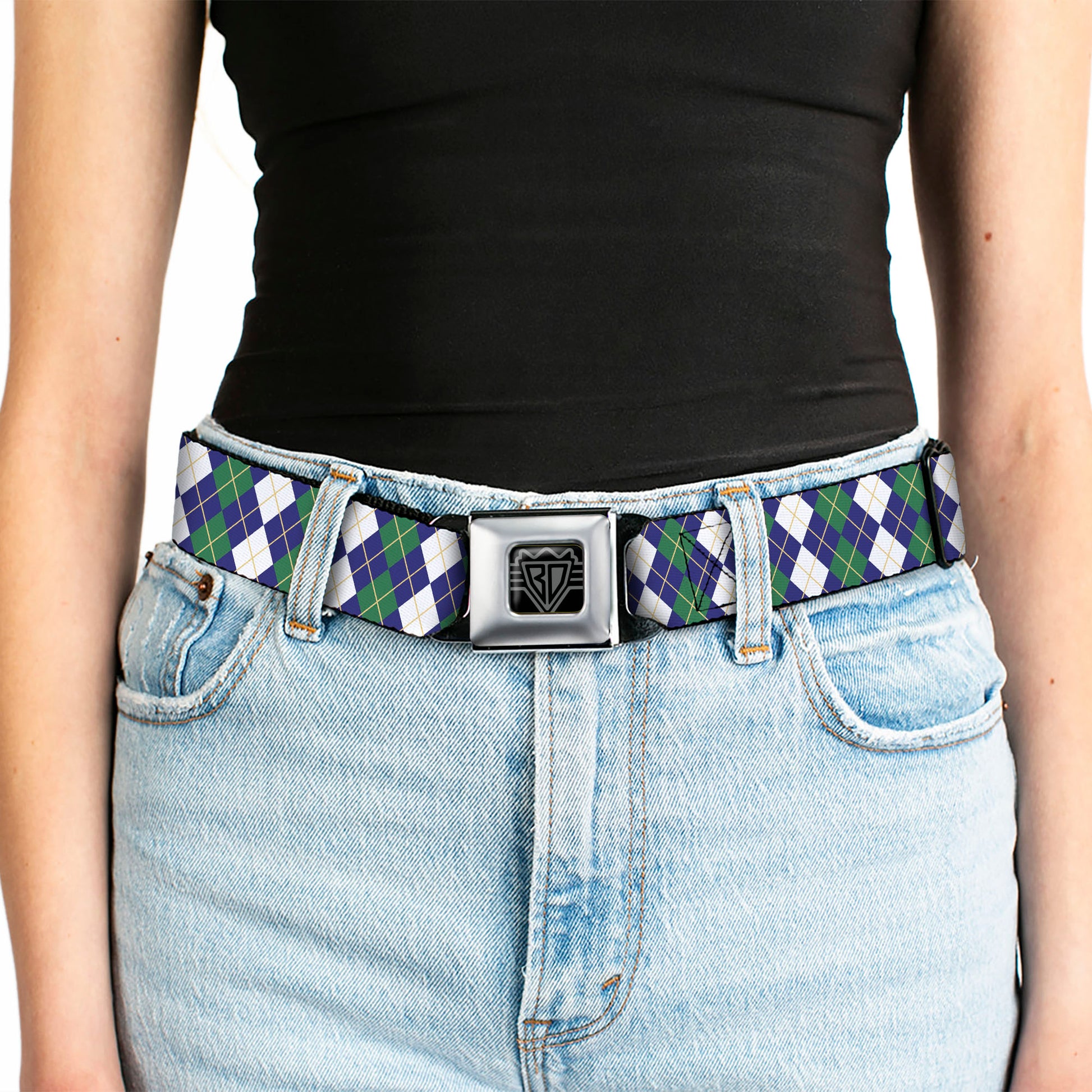 BD Wings Logo CLOSE-UP Full Color Black Silver Seatbelt Belt - Argyle Navy/Green/White/Gold Webbing Seatbelt Belts Buckle-Down