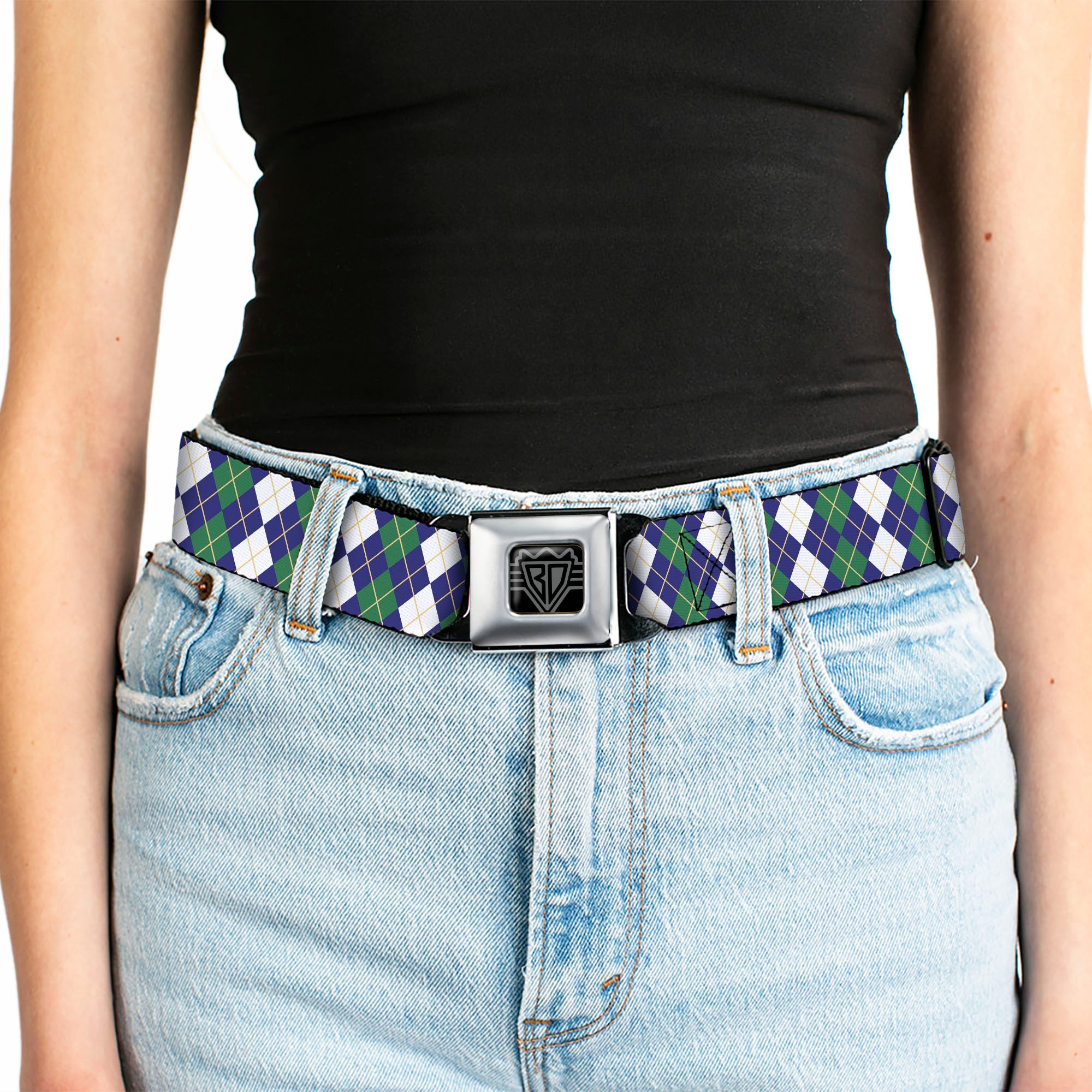 BD Wings Logo CLOSE-UP Full Color Black Silver Seatbelt Belt - Argyle Navy/Green/White/Gold Webbing Seatbelt Belts Buckle-Down