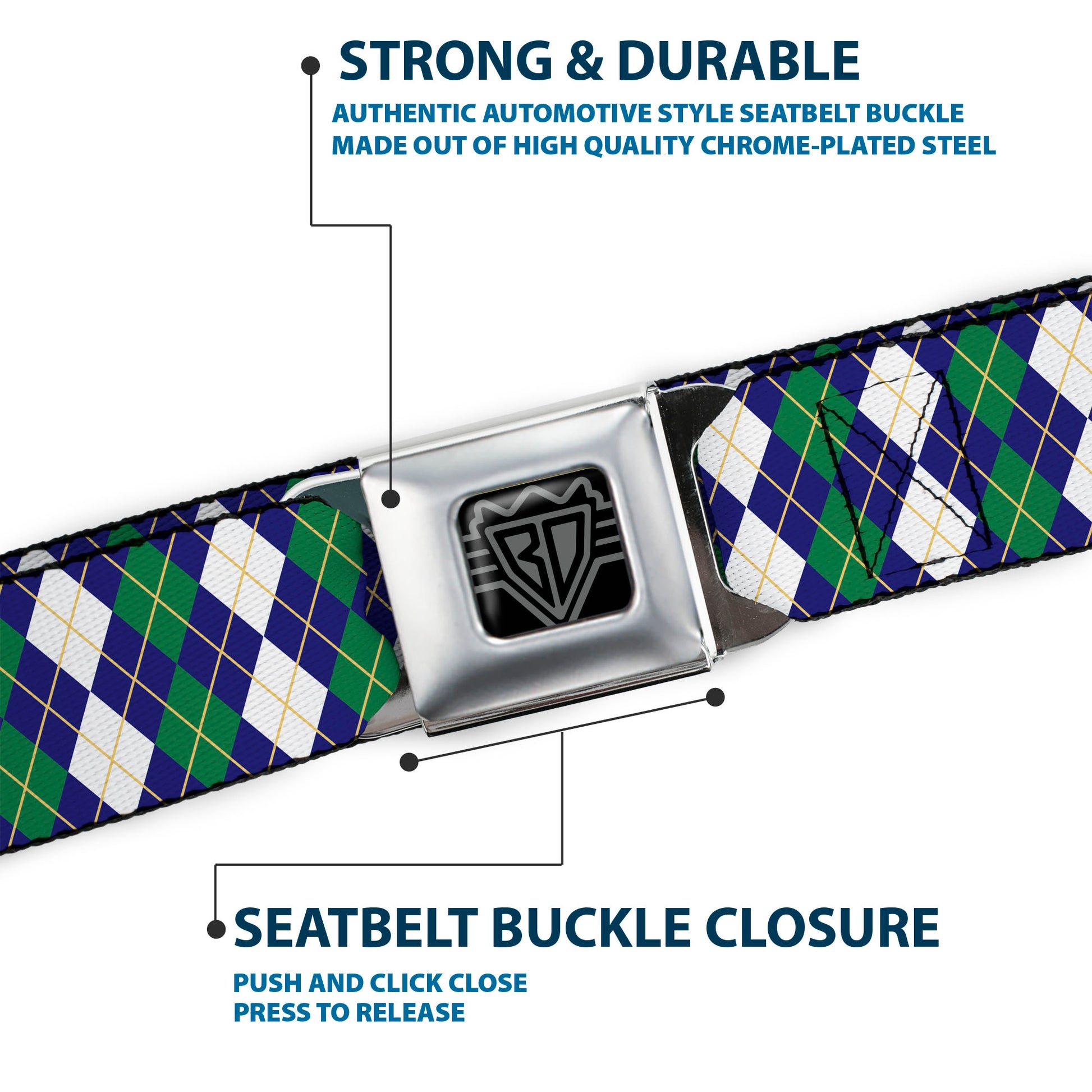 BD Wings Logo CLOSE-UP Full Color Black Silver Seatbelt Belt - Argyle Navy/Green/White/Gold Webbing Seatbelt Belts Buckle-Down