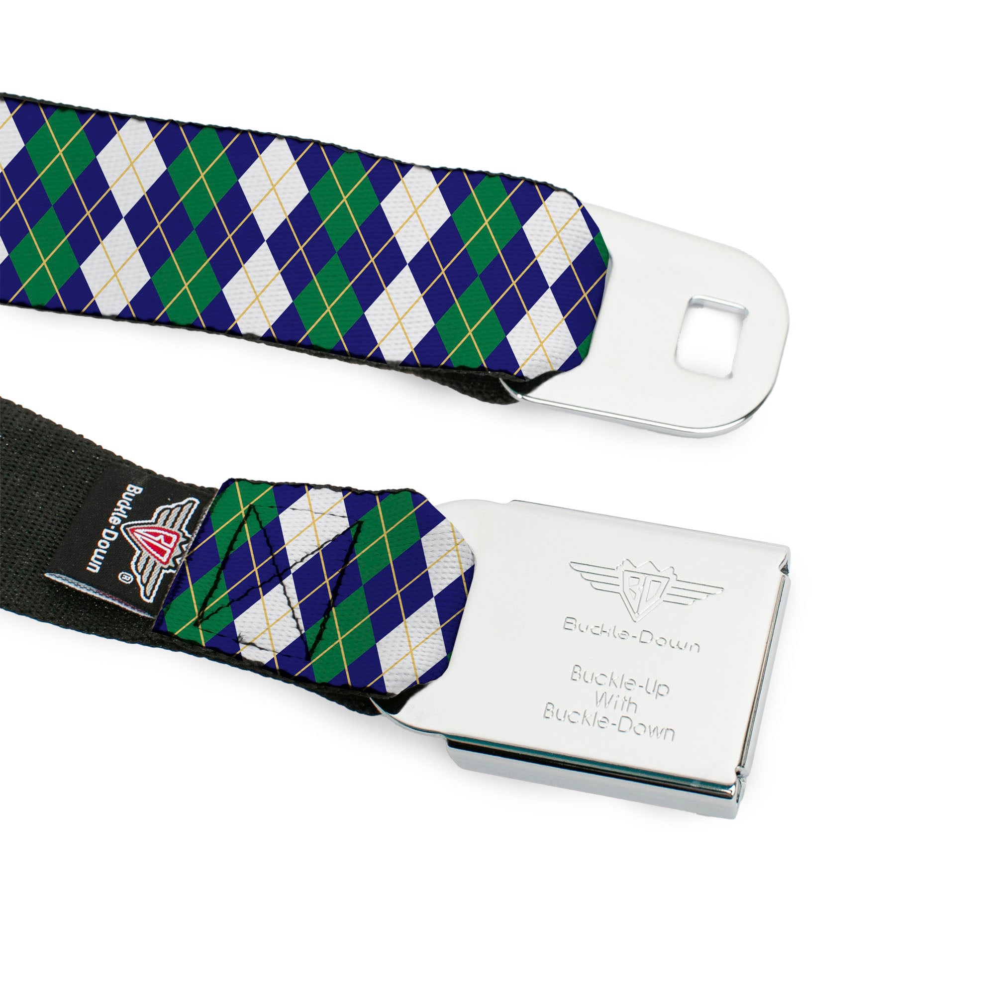 BD Wings Logo CLOSE-UP Full Color Black Silver Seatbelt Belt - Argyle Navy/Green/White/Gold Webbing Seatbelt Belts Buckle-Down