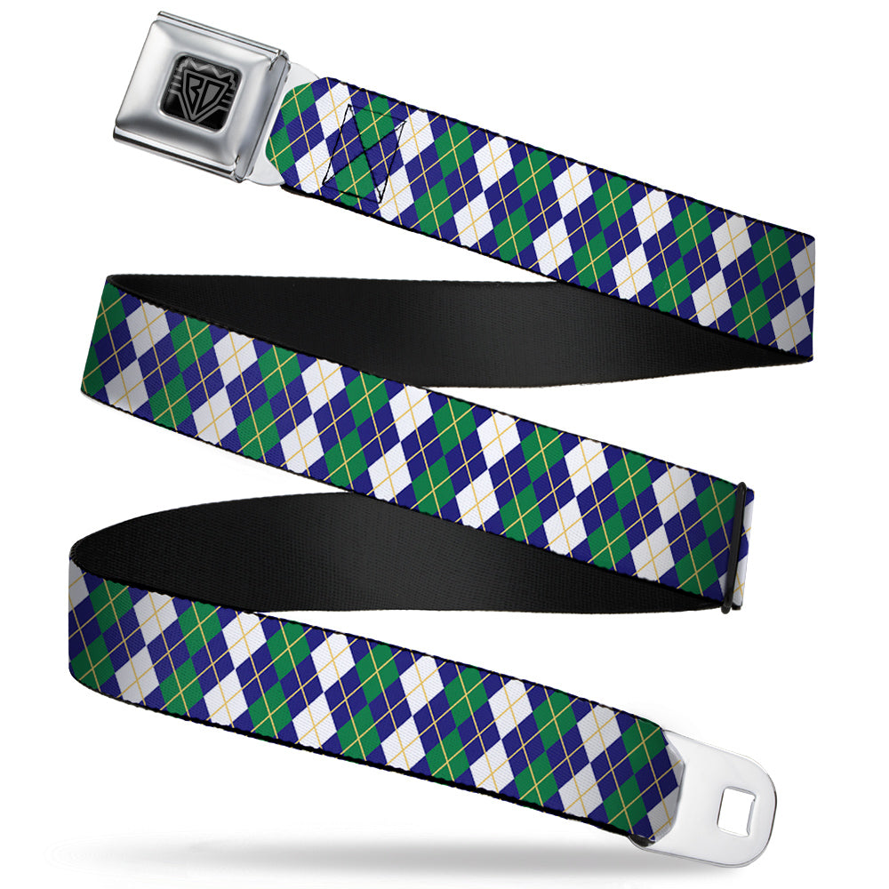 BD Wings Logo CLOSE-UP Full Color Black Silver Seatbelt Belt - Argyle Navy/Green/White/Gold Webbing Seatbelt Belts Buckle-Down