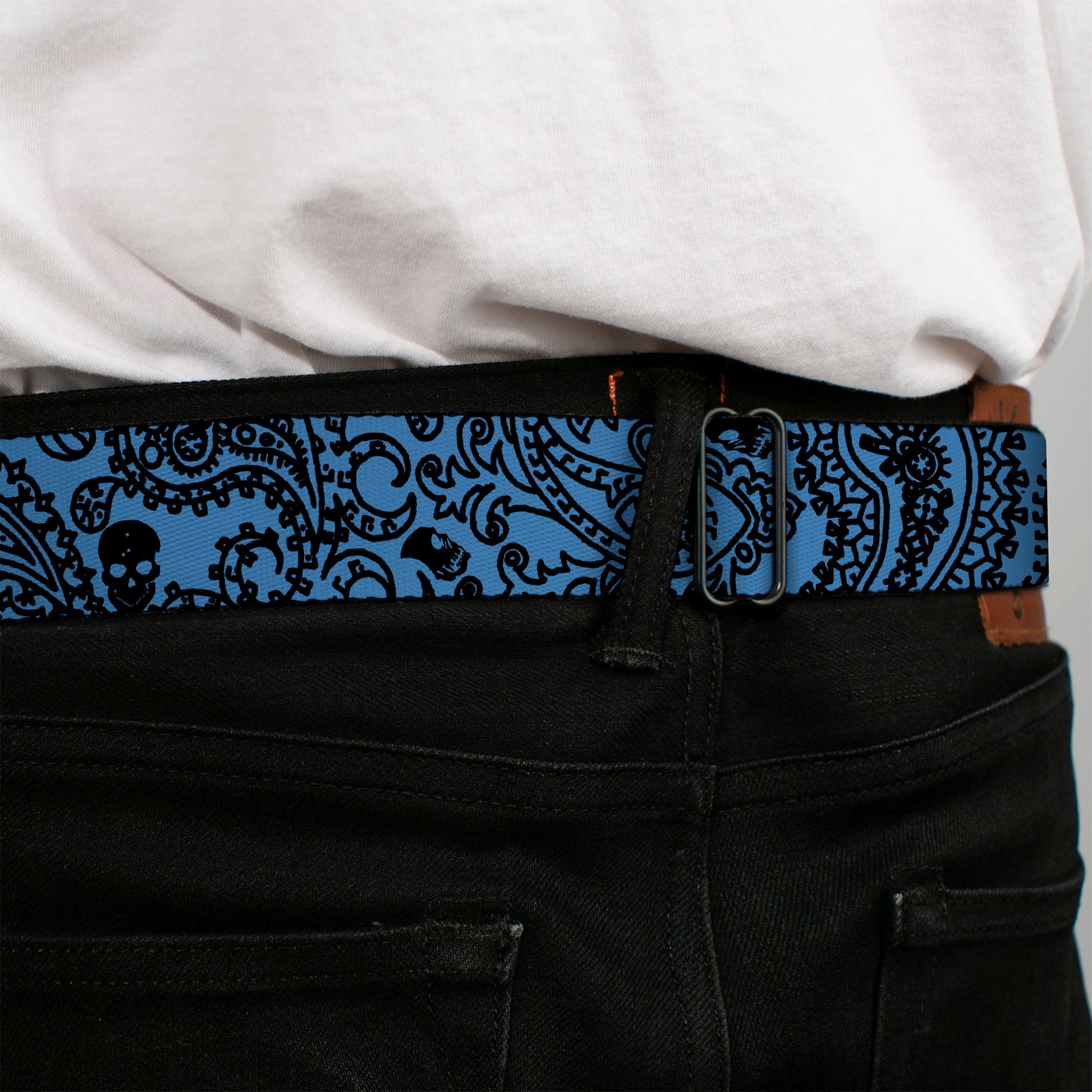BD Wings Logo CLOSE-UP Full Color Black Silver Seatbelt Belt - Bandana/Skulls Baby Blue/Black Webbing Seatbelt Belts Buckle-Down