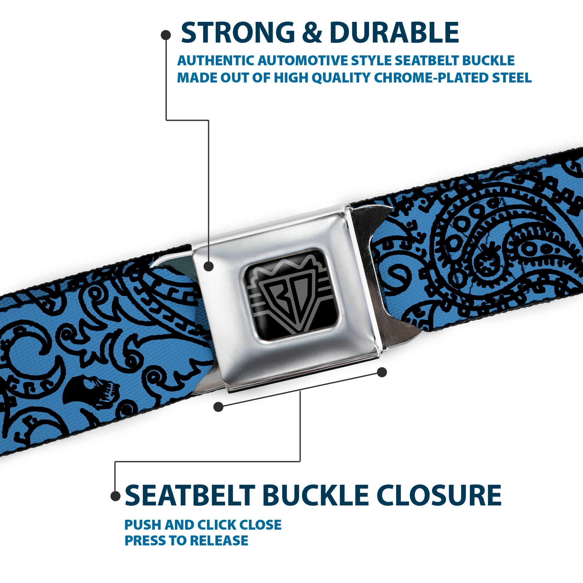 BD Wings Logo CLOSE-UP Full Color Black Silver Seatbelt Belt - Bandana/Skulls Baby Blue/Black Webbing Seatbelt Belts Buckle-Down