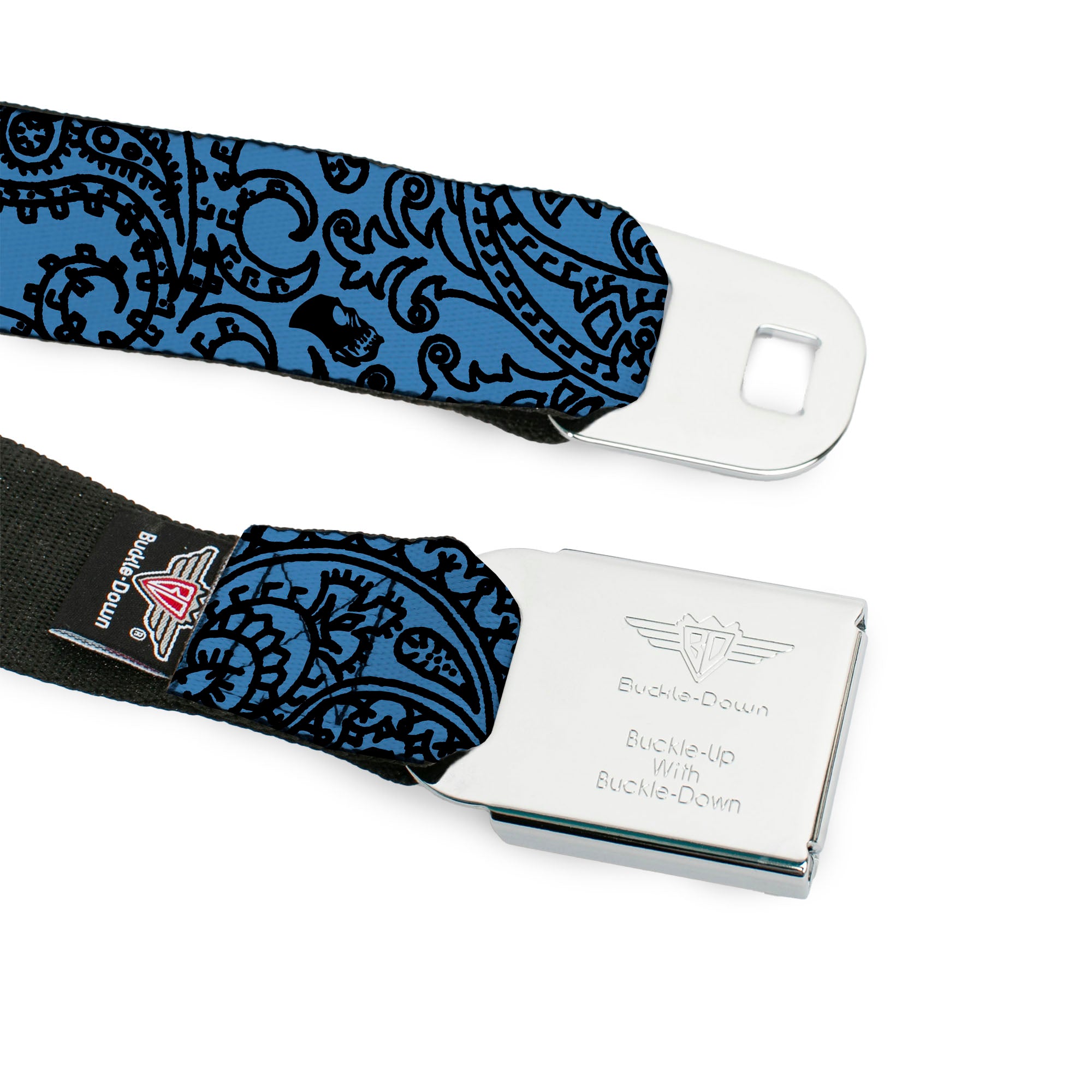 BD Wings Logo CLOSE-UP Full Color Black Silver Seatbelt Belt - Bandana/Skulls Baby Blue/Black Webbing Seatbelt Belts Buckle-Down