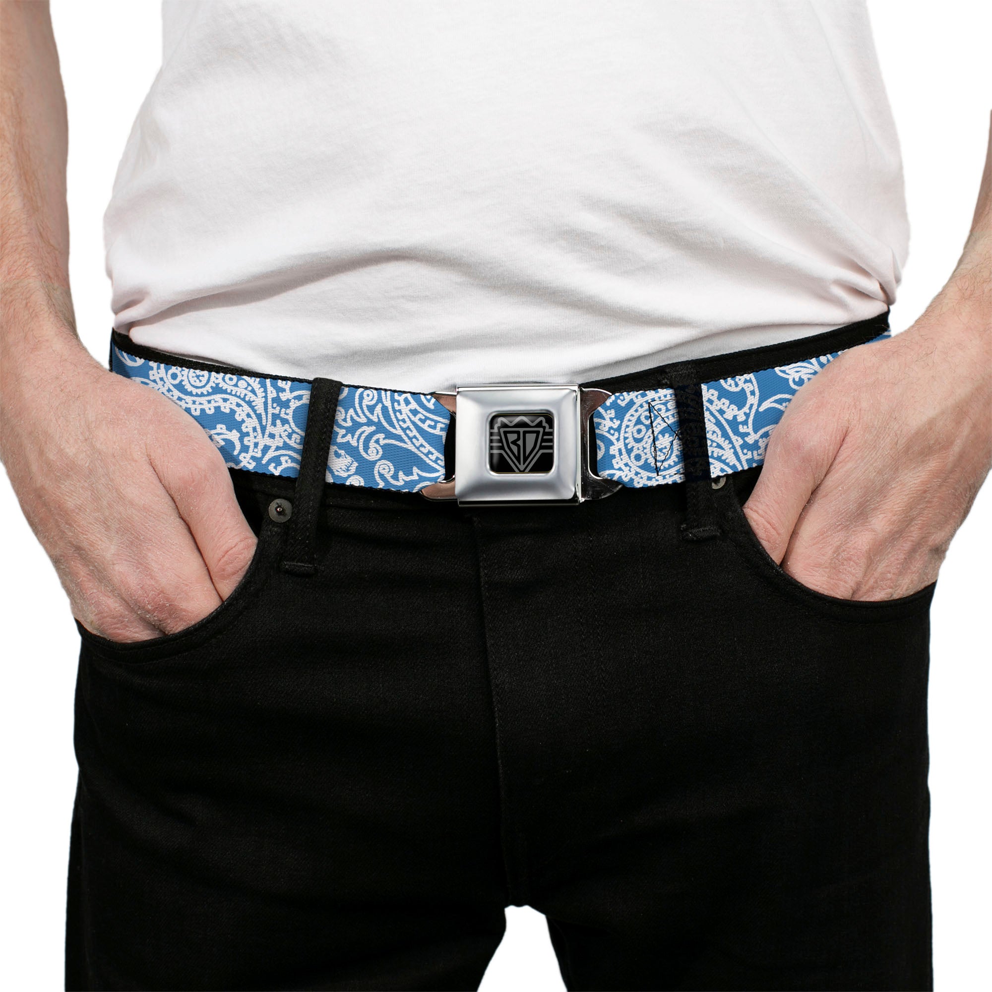 BD Wings Logo CLOSE-UP Full Color Black Silver Seatbelt Belt - Bandana/Skulls Baby Blue/White Webbing Seatbelt Belts Buckle-Down