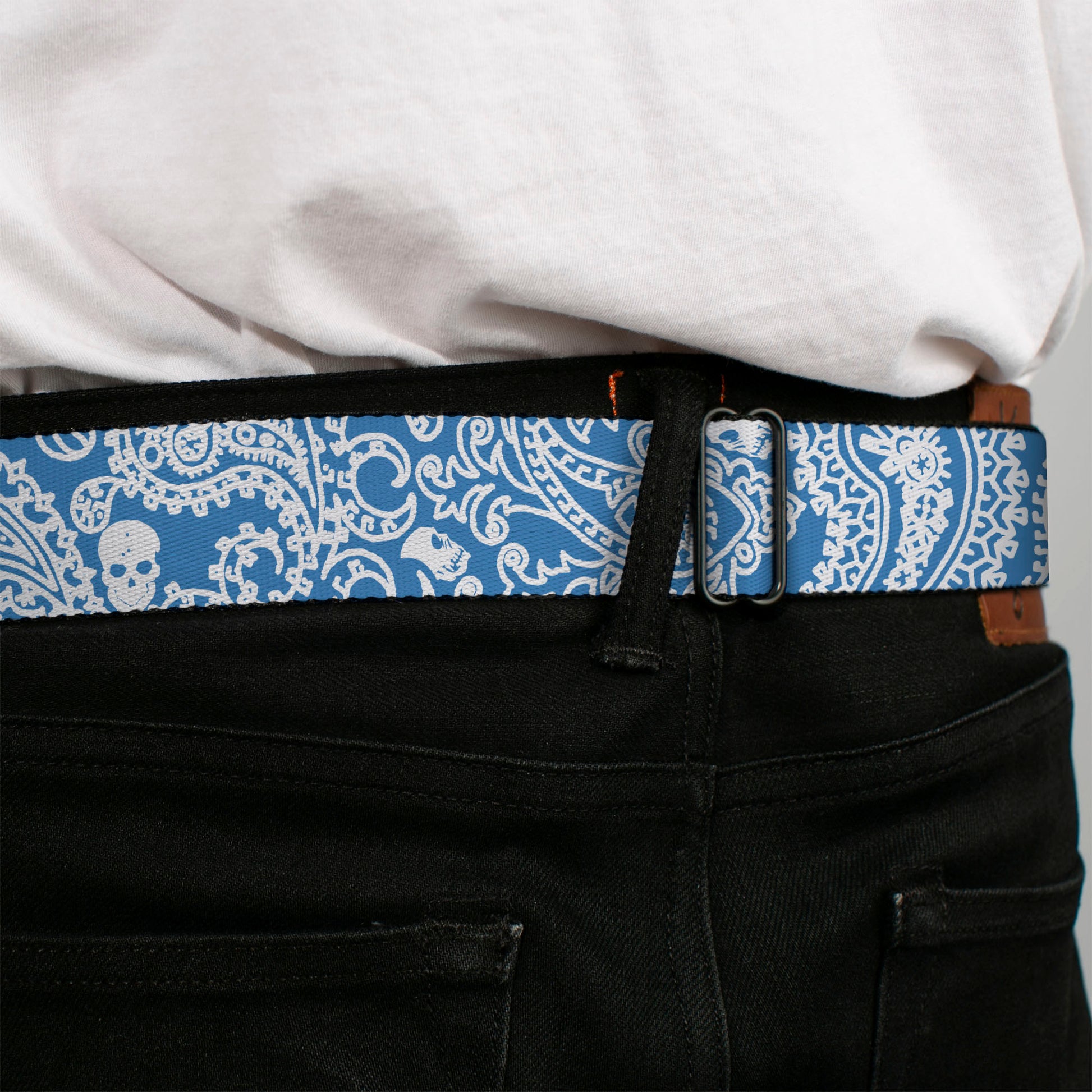 BD Wings Logo CLOSE-UP Full Color Black Silver Seatbelt Belt - Bandana/Skulls Baby Blue/White Webbing Seatbelt Belts Buckle-Down