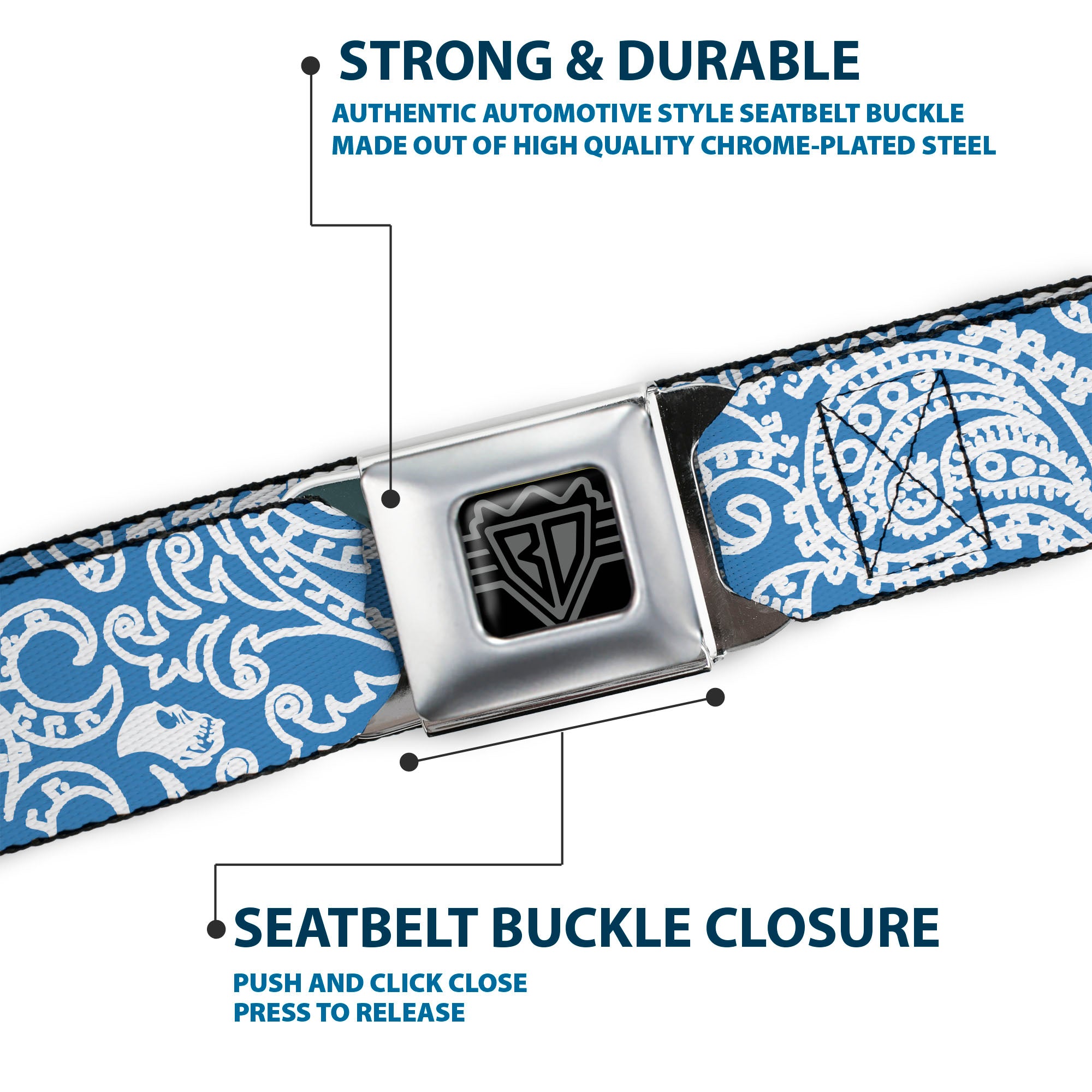 BD Wings Logo CLOSE-UP Full Color Black Silver Seatbelt Belt - Bandana/Skulls Baby Blue/White Webbing Seatbelt Belts Buckle-Down