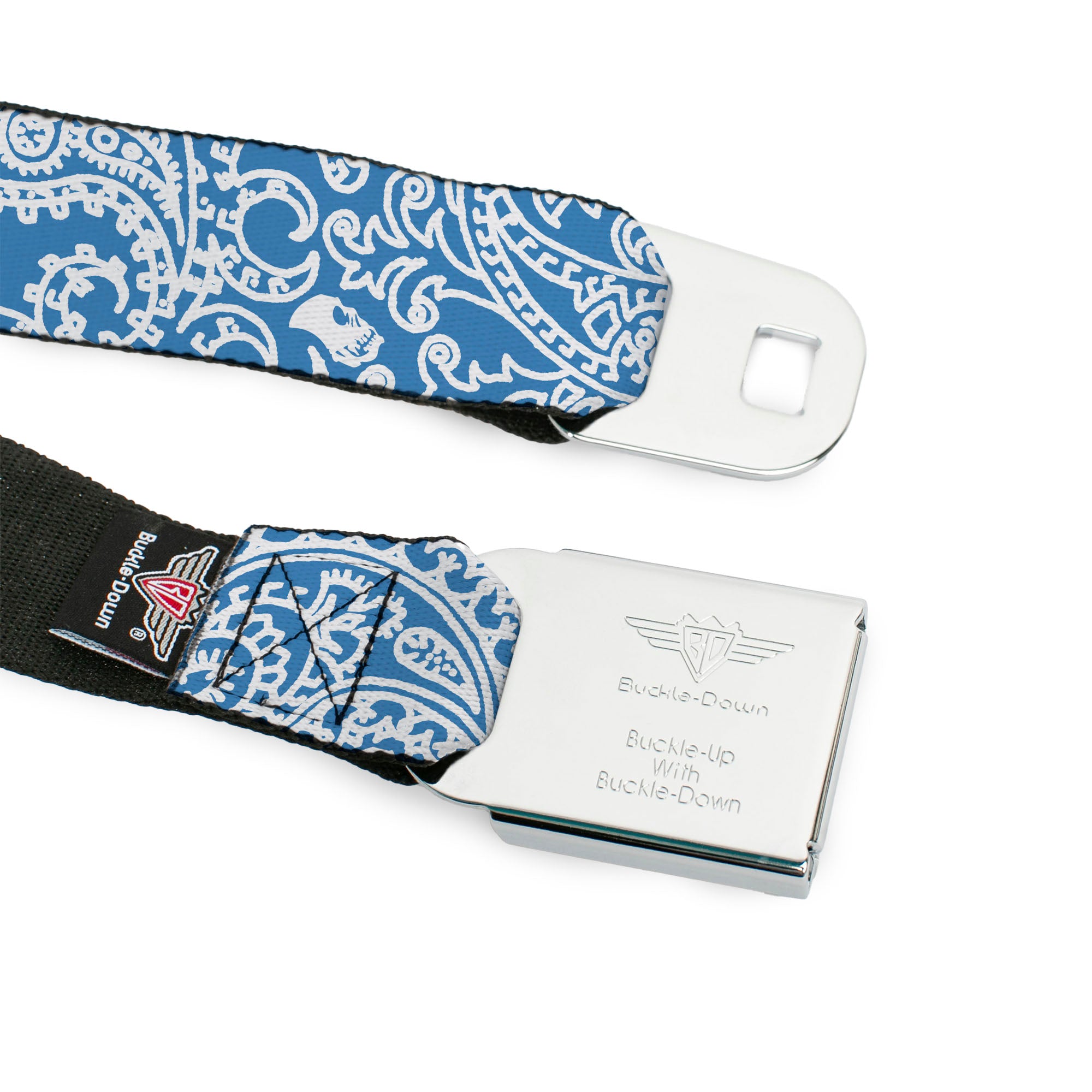 BD Wings Logo CLOSE-UP Full Color Black Silver Seatbelt Belt - Bandana/Skulls Baby Blue/White Webbing Seatbelt Belts Buckle-Down