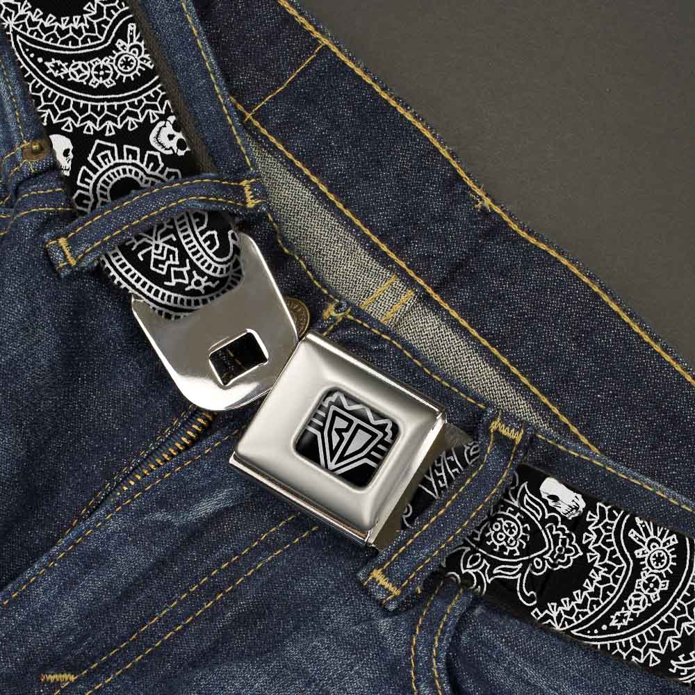 BD Wings Logo CLOSE-UP Full Color Black Silver Seatbelt Belt - Bandana/Skulls Black/White Webbing Seatbelt Belts Buckle-Down