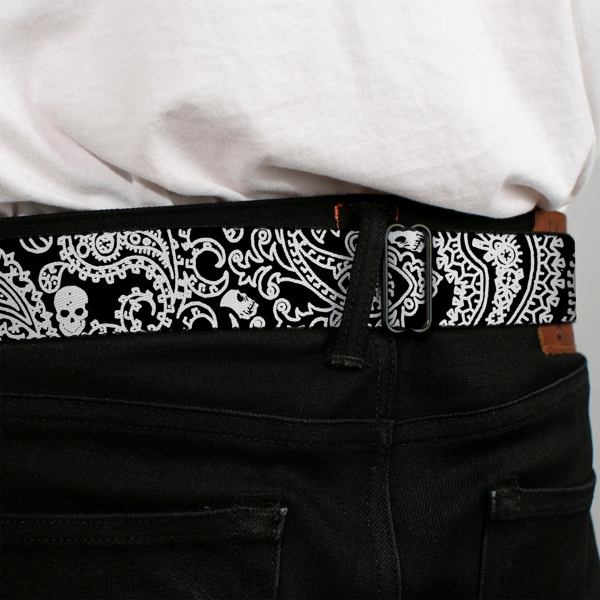BD Wings Logo CLOSE-UP Full Color Black Silver Seatbelt Belt - Bandana/Skulls Black/White Webbing Seatbelt Belts Buckle-Down