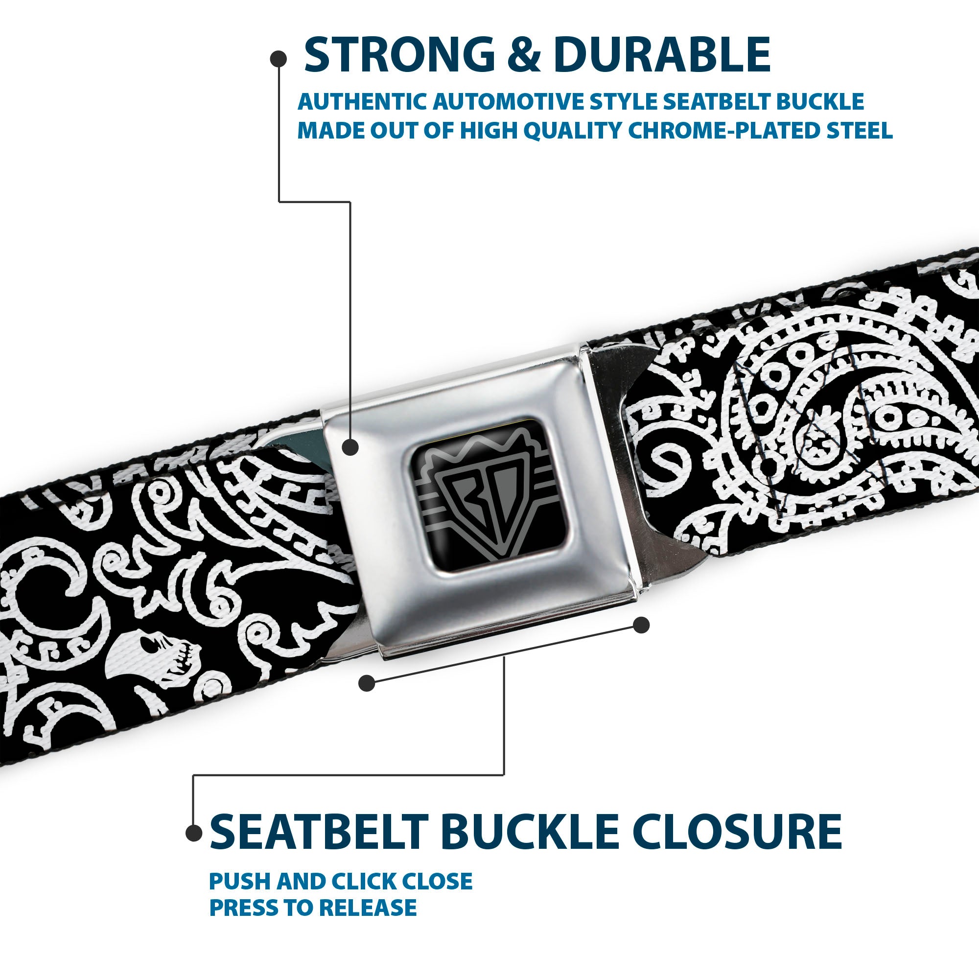 BD Wings Logo CLOSE-UP Full Color Black Silver Seatbelt Belt - Bandana/Skulls Black/White Webbing Seatbelt Belts Buckle-Down