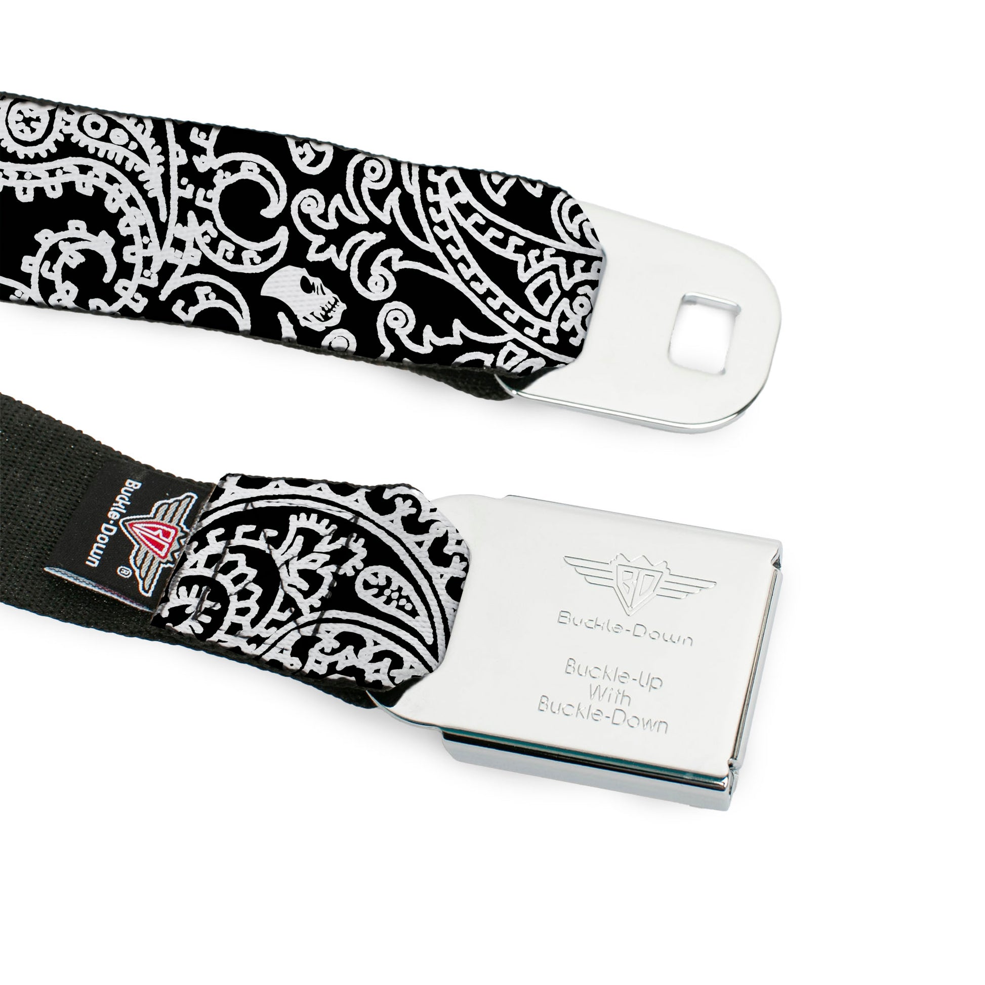 BD Wings Logo CLOSE-UP Full Color Black Silver Seatbelt Belt - Bandana/Skulls Black/White Webbing Seatbelt Belts Buckle-Down