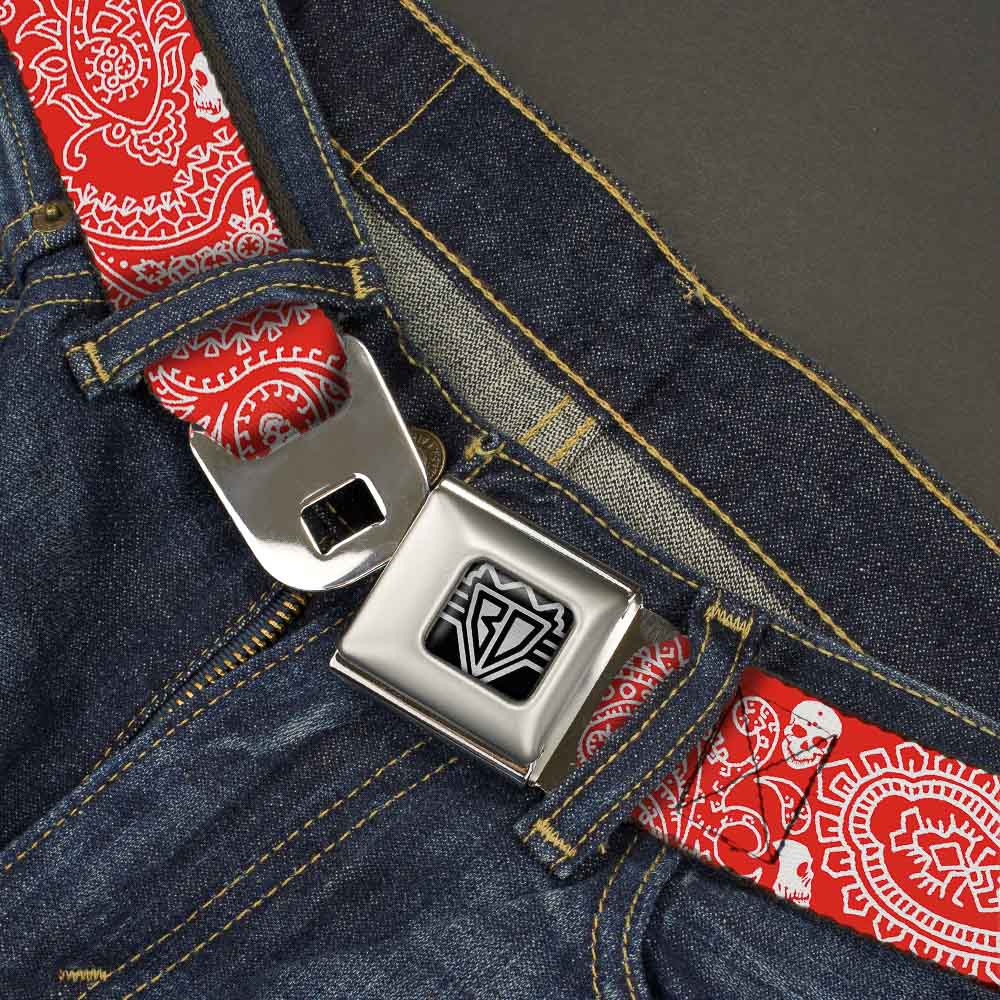 BD Wings Logo CLOSE-UP Full Color Black Silver Seatbelt Belt - Bandana/Skulls Red/White Webbing Seatbelt Belts Buckle-Down