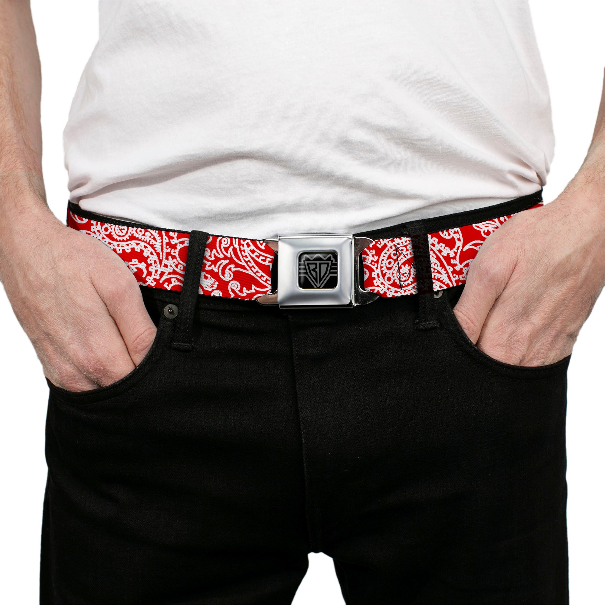 BD Wings Logo CLOSE-UP Full Color Black Silver Seatbelt Belt - Bandana/Skulls Red/White Webbing Seatbelt Belts Buckle-Down