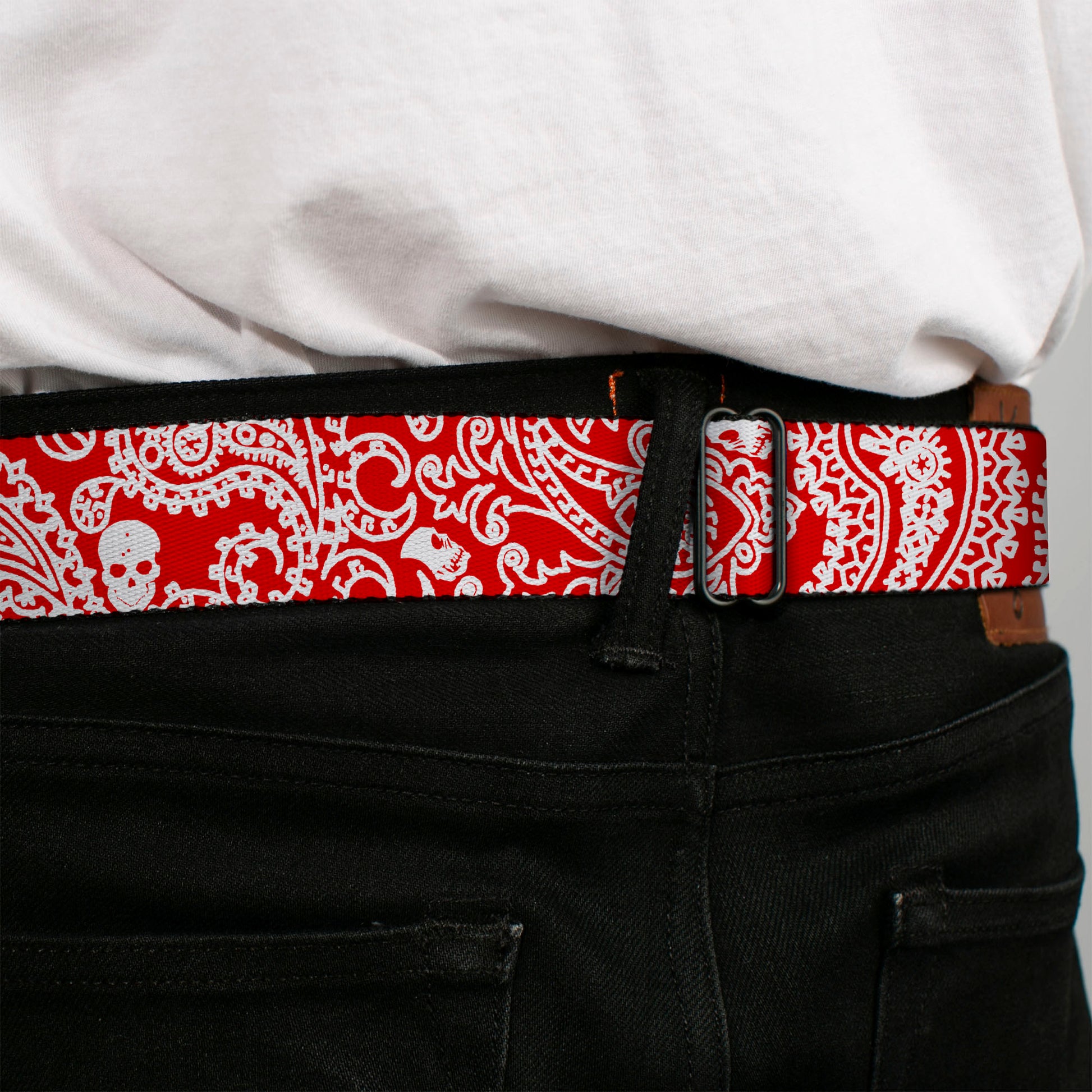 BD Wings Logo CLOSE-UP Full Color Black Silver Seatbelt Belt - Bandana/Skulls Red/White Webbing Seatbelt Belts Buckle-Down