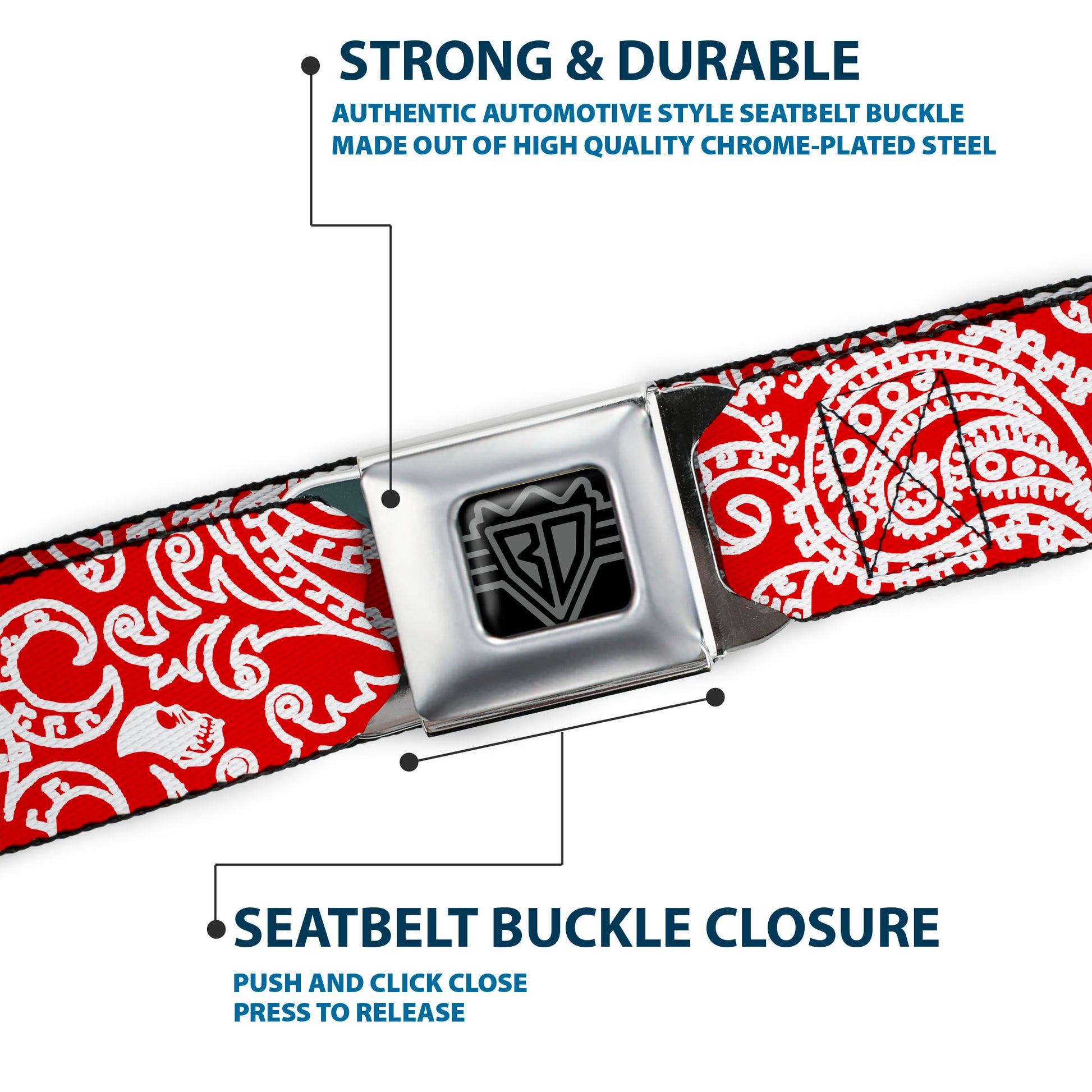 BD Wings Logo CLOSE-UP Full Color Black Silver Seatbelt Belt - Bandana/Skulls Red/White Webbing Seatbelt Belts Buckle-Down