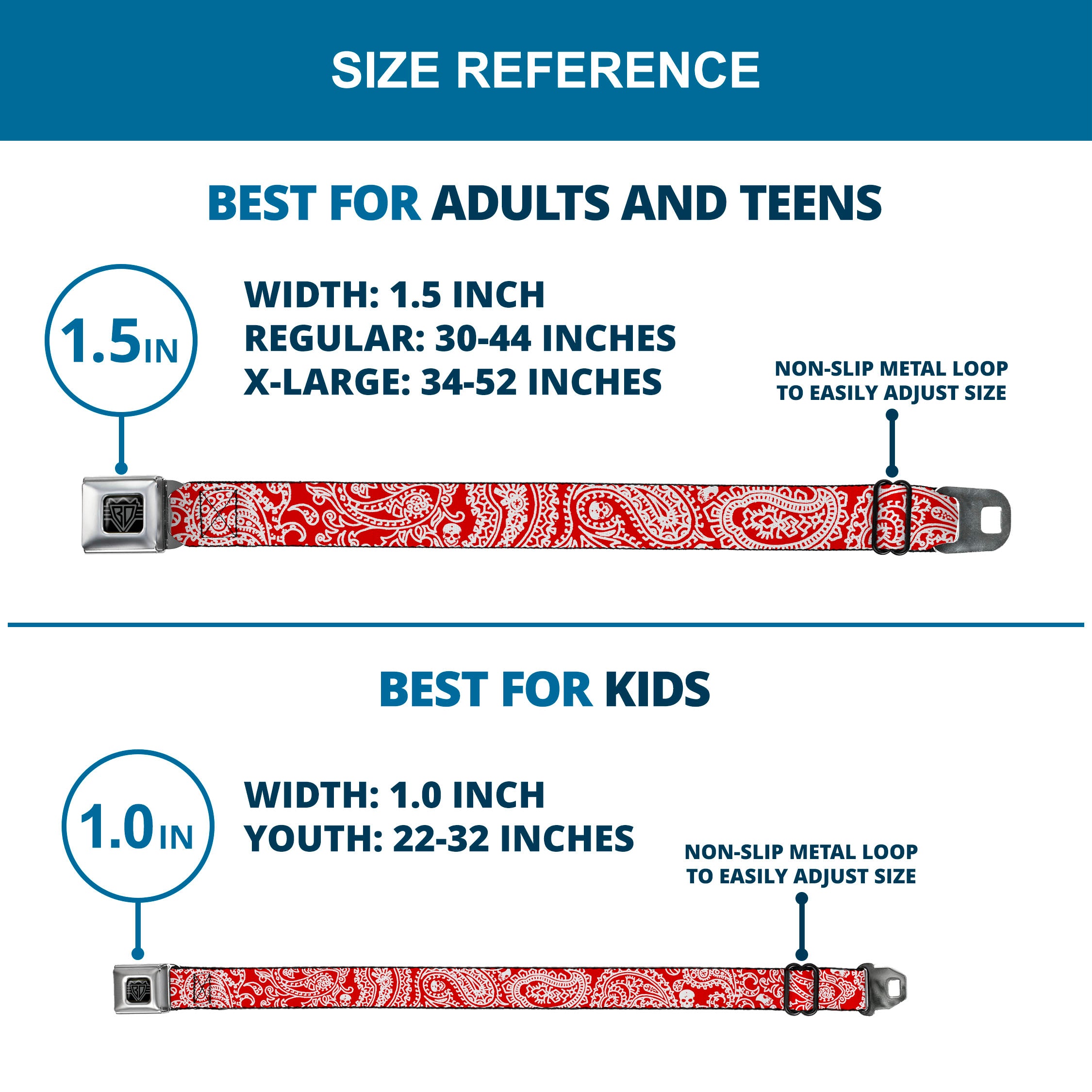 BD Wings Logo CLOSE-UP Full Color Black Silver Seatbelt Belt - Bandana/Skulls Red/White Webbing Seatbelt Belts Buckle-Down