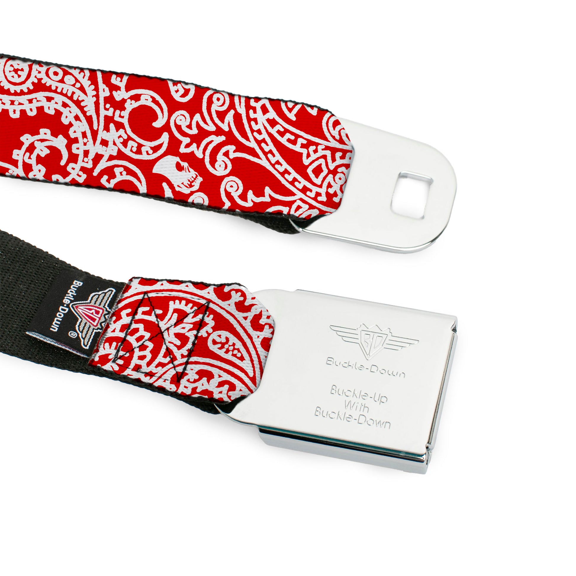 BD Wings Logo CLOSE-UP Full Color Black Silver Seatbelt Belt - Bandana/Skulls Red/White Webbing Seatbelt Belts Buckle-Down