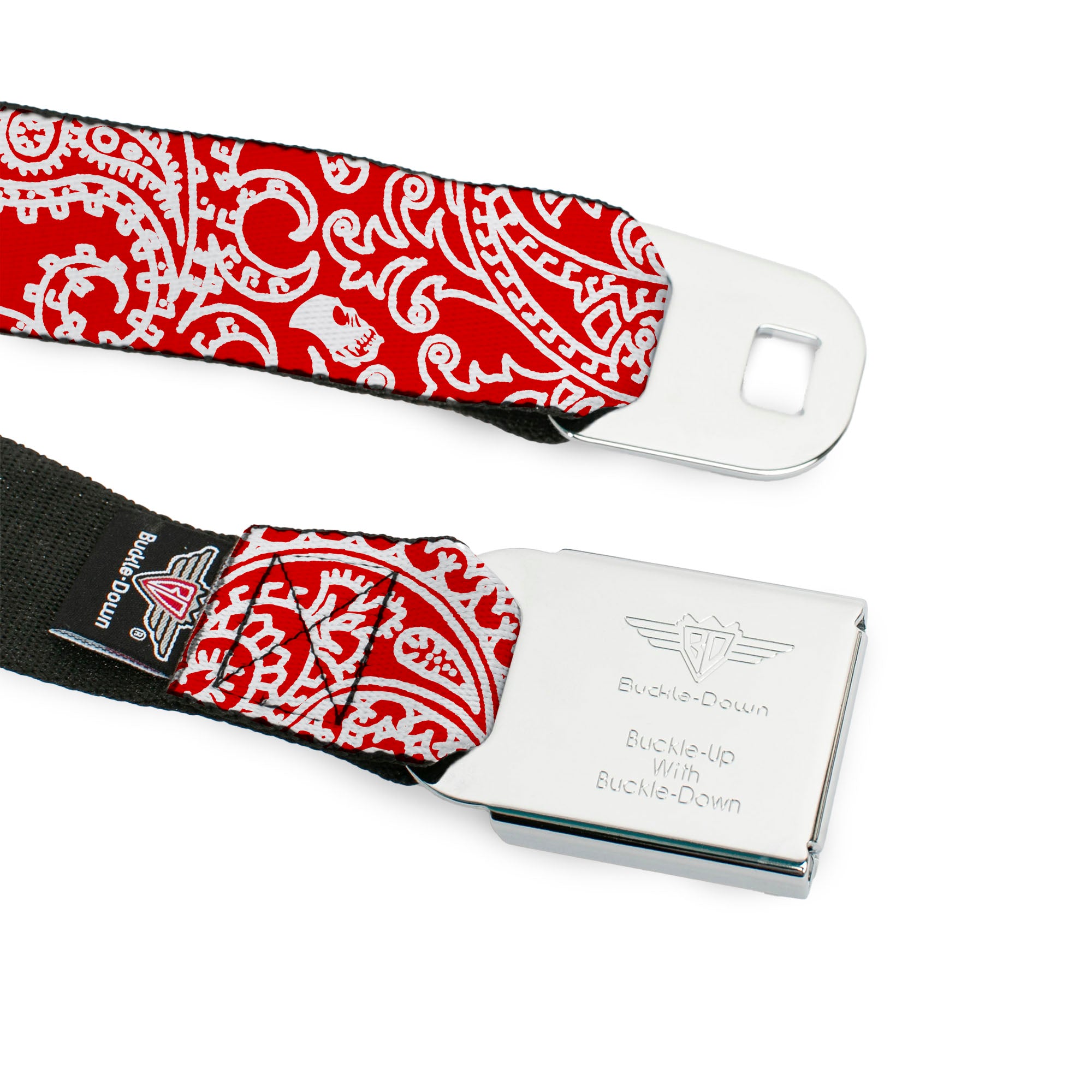 BD Wings Logo CLOSE-UP Full Color Black Silver Seatbelt Belt - Bandana/Skulls Red/White Webbing Seatbelt Belts Buckle-Down
