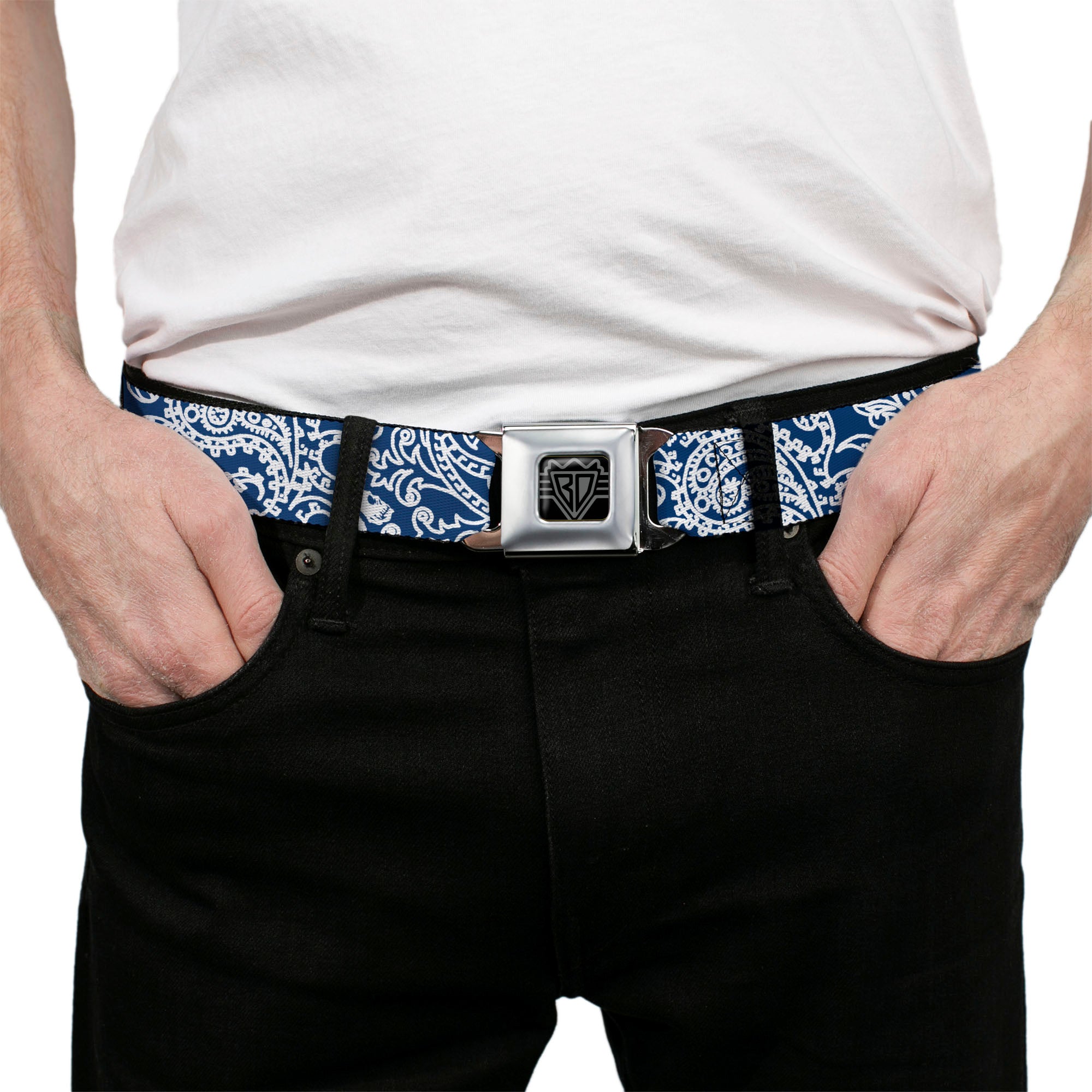 BD Wings Logo CLOSE-UP Full Color Black Silver Seatbelt Belt - Bandana/Skulls Royal/White Webbing Seatbelt Belts Buckle-Down