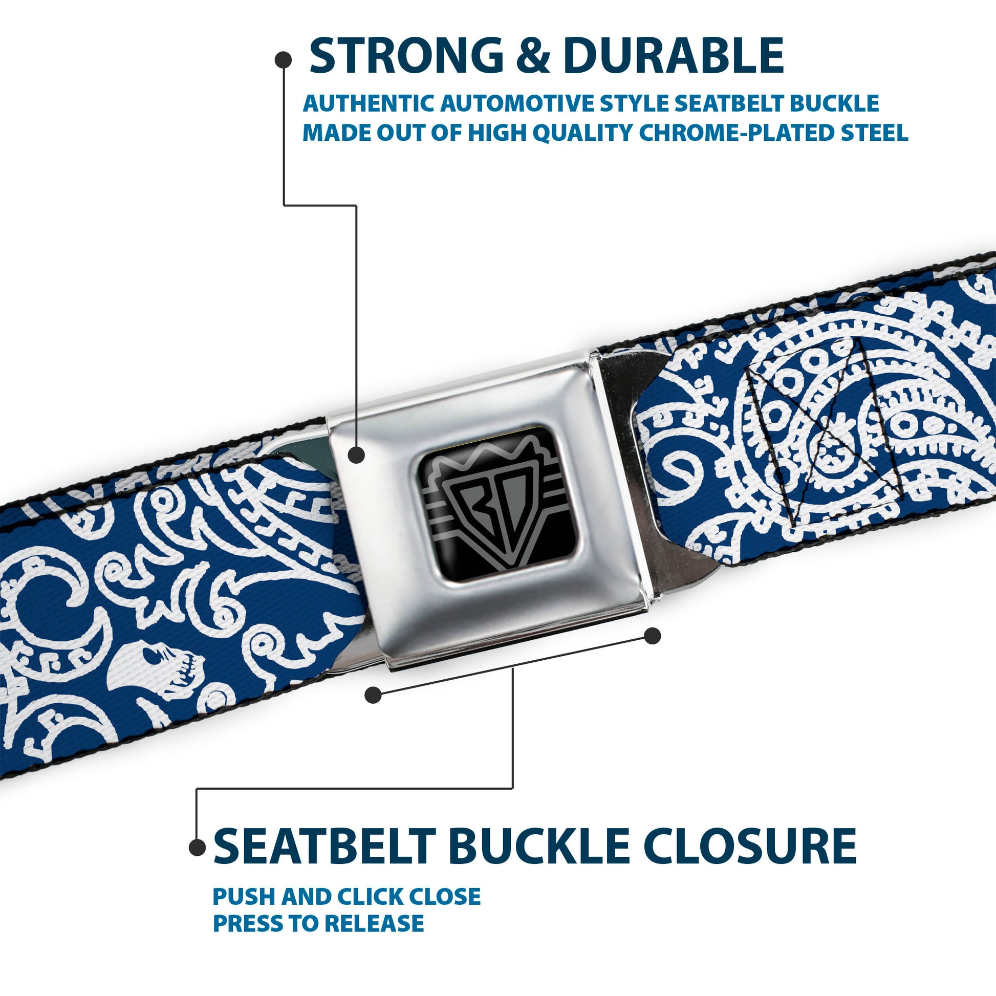 BD Wings Logo CLOSE-UP Full Color Black Silver Seatbelt Belt - Bandana/Skulls Royal/White Webbing Seatbelt Belts Buckle-Down