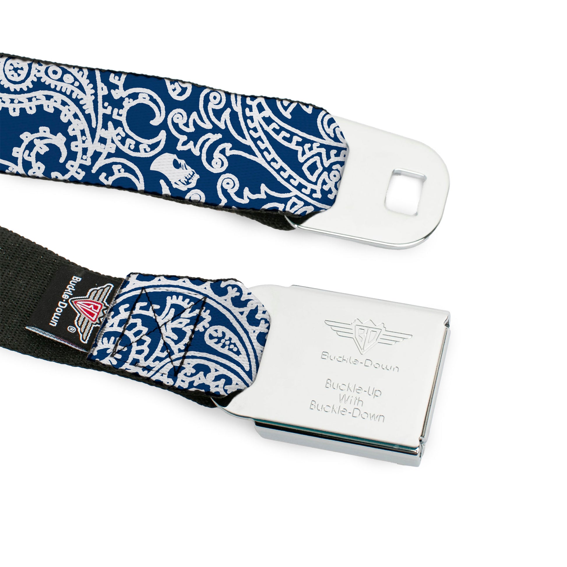 BD Wings Logo CLOSE-UP Full Color Black Silver Seatbelt Belt - Bandana/Skulls Royal/White Webbing Seatbelt Belts Buckle-Down