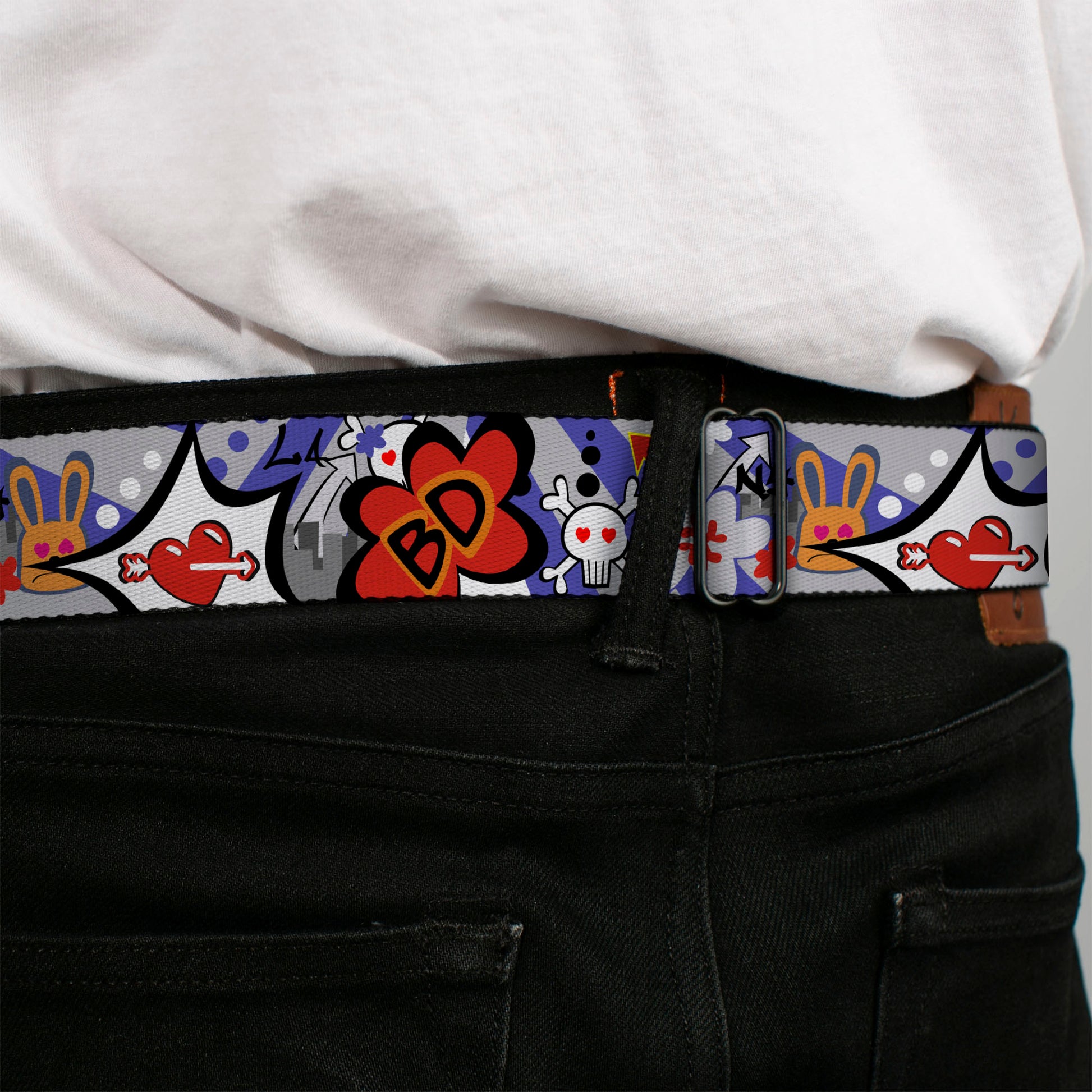 BD Wings Logo CLOSE-UP Full Color Black Silver Seatbelt Belt - BD Cartoon Webbing Seatbelt Belts Buckle-Down