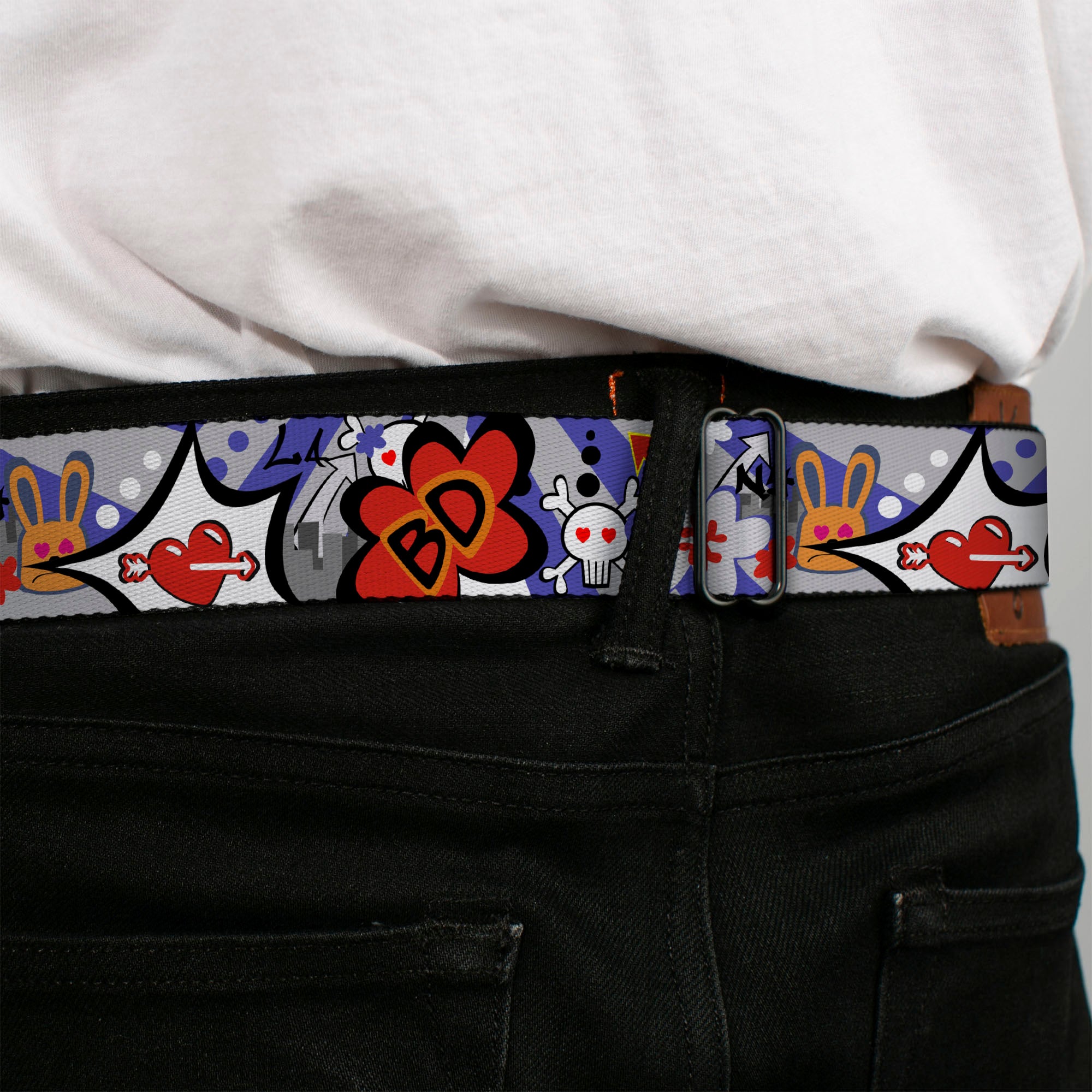 BD Wings Logo CLOSE-UP Full Color Black Silver Seatbelt Belt - BD Cartoon Webbing Seatbelt Belts Buckle-Down