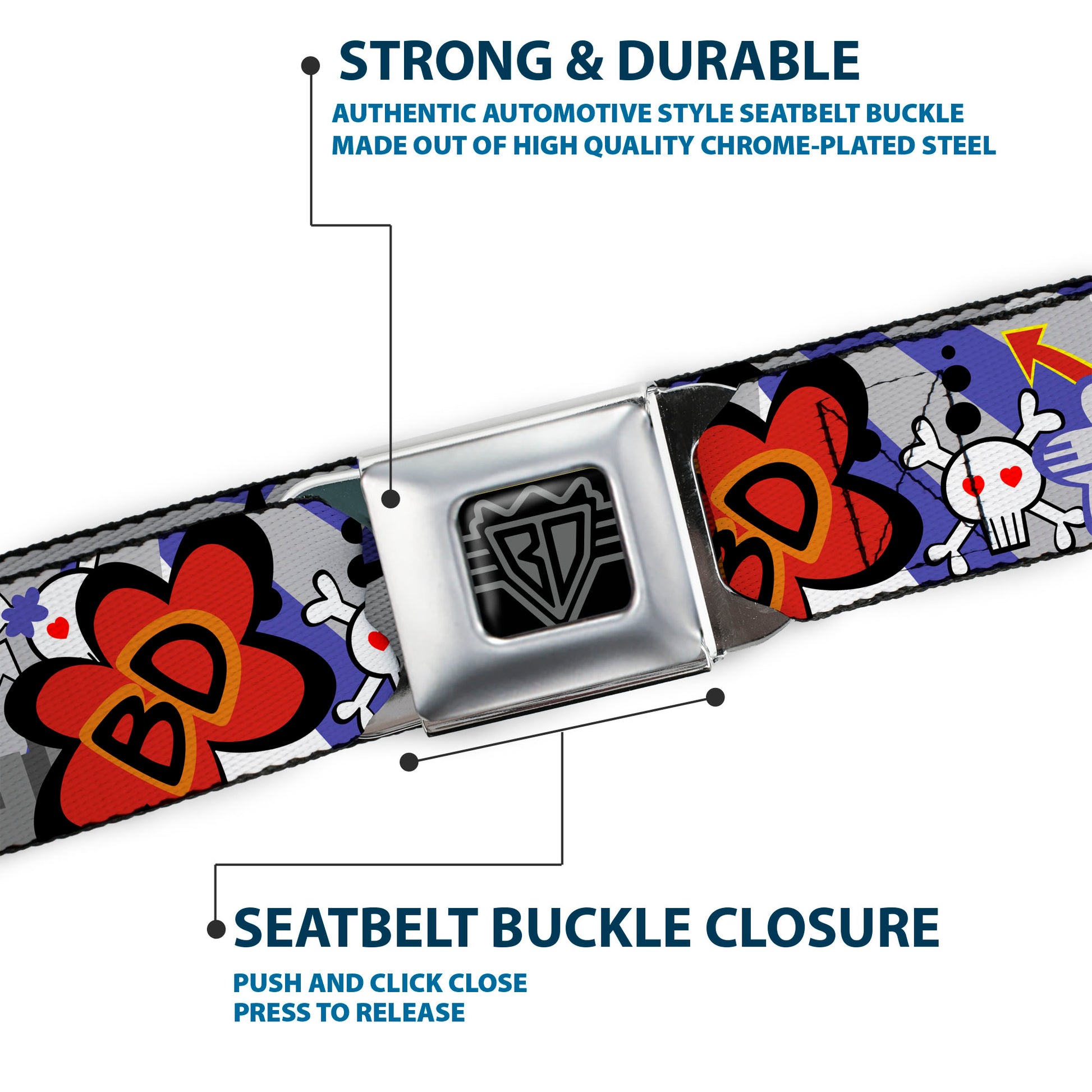 BD Wings Logo CLOSE-UP Full Color Black Silver Seatbelt Belt - BD Cartoon Webbing Seatbelt Belts Buckle-Down