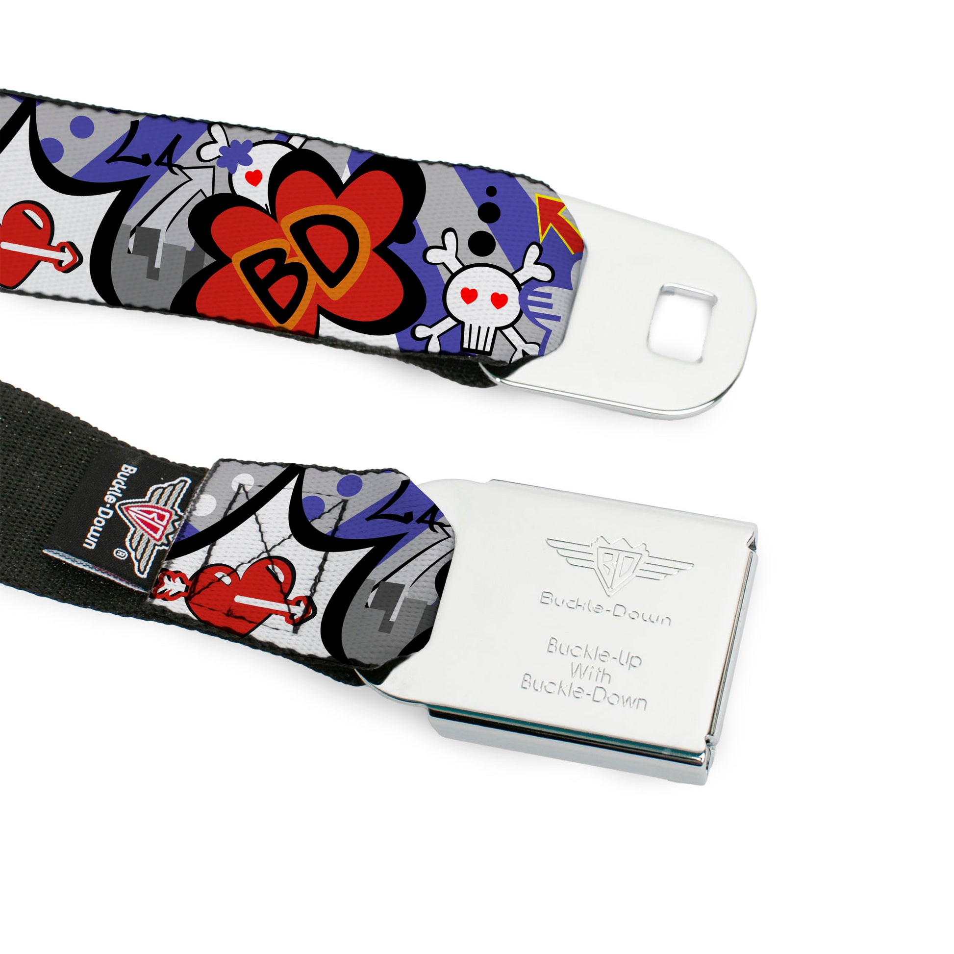 BD Wings Logo CLOSE-UP Full Color Black Silver Seatbelt Belt - BD Cartoon Webbing Seatbelt Belts Buckle-Down