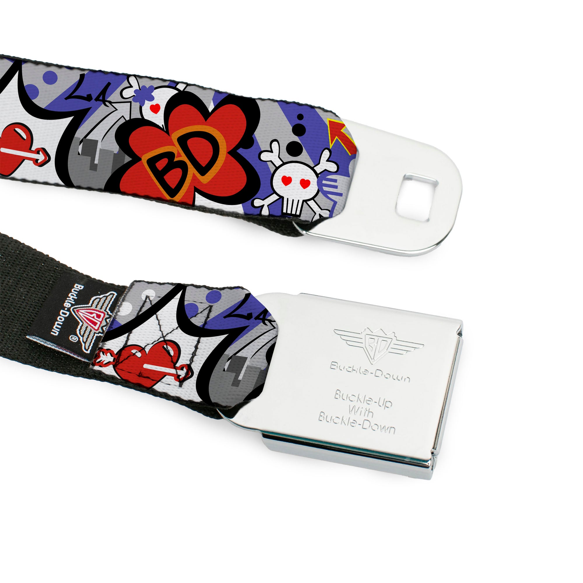BD Wings Logo CLOSE-UP Full Color Black Silver Seatbelt Belt - BD Cartoon Webbing Seatbelt Belts Buckle-Down