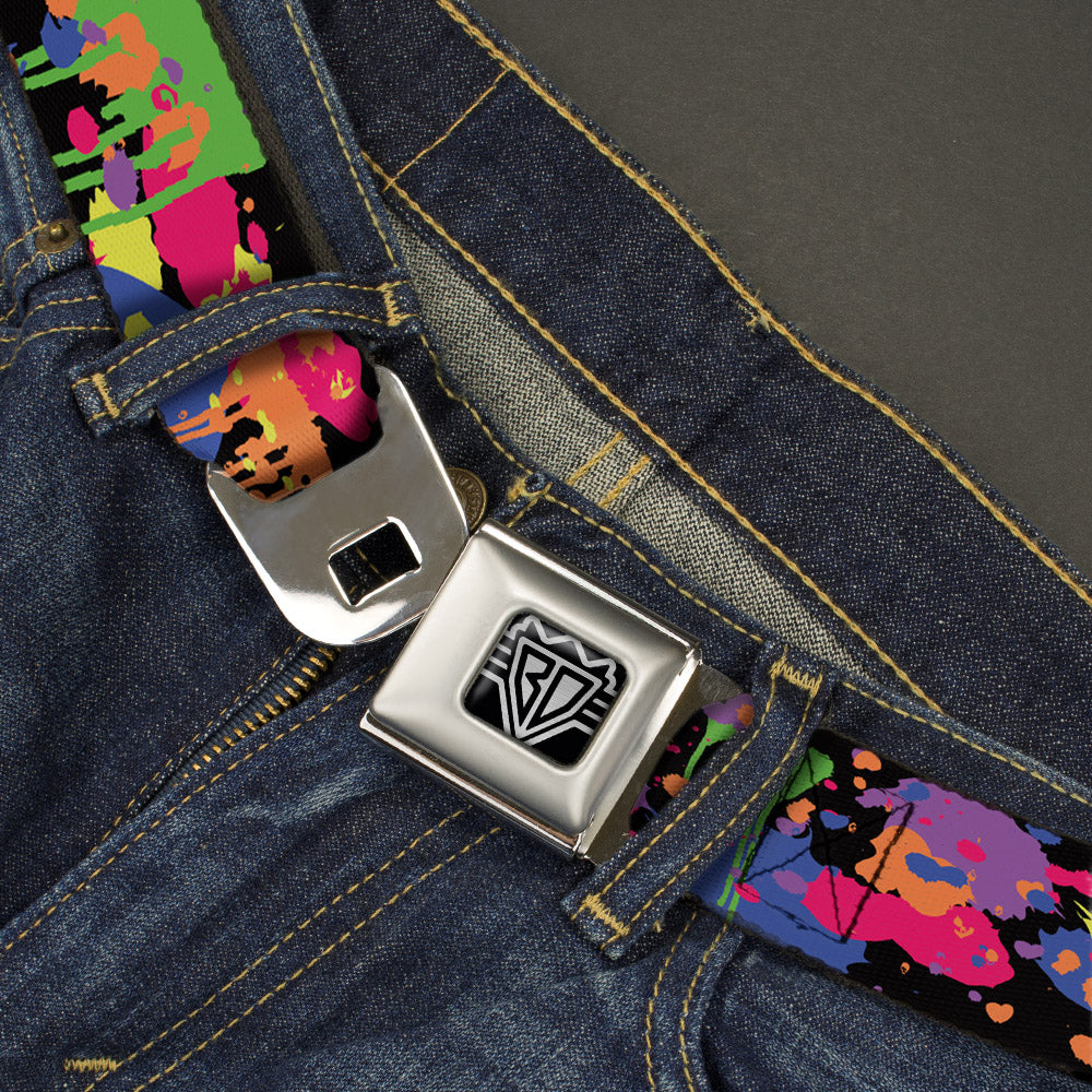 BD Wings Logo CLOSE-UP Full Color Black Silver Seatbelt Belt - BD Paint Splatter Black/Neon Webbing Seatbelt Belts Buckle-Down