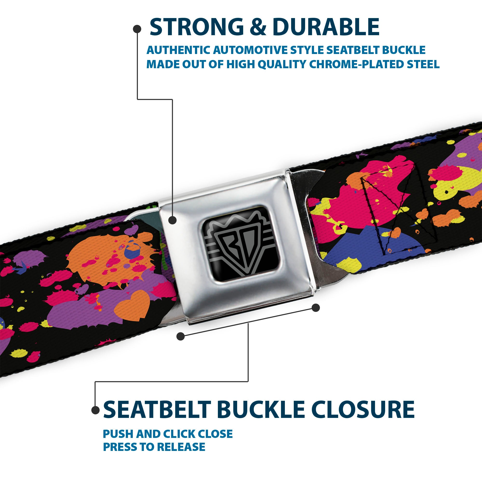 BD Wings Logo CLOSE-UP Full Color Black Silver Seatbelt Belt - BD Paint Splatter Black/Neon Webbing Seatbelt Belts Buckle-Down