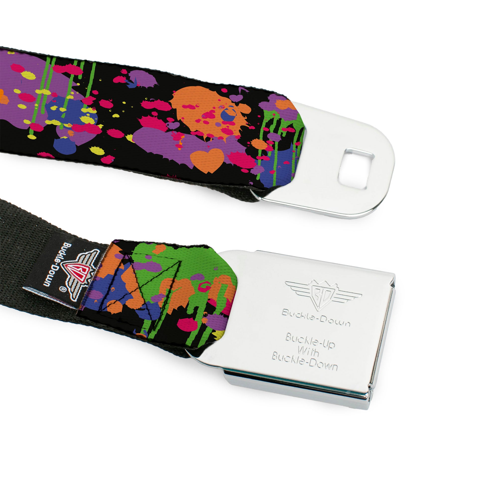 BD Wings Logo CLOSE-UP Full Color Black Silver Seatbelt Belt - BD Paint Splatter Black/Neon Webbing Seatbelt Belts Buckle-Down