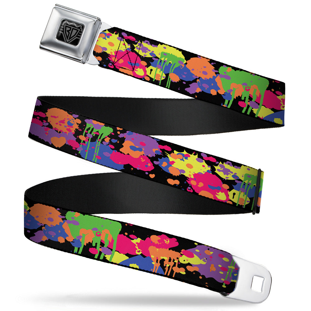 BD Wings Logo CLOSE-UP Full Color Black Silver Seatbelt Belt - BD Paint Splatter Black/Neon Webbing Seatbelt Belts Buckle-Down