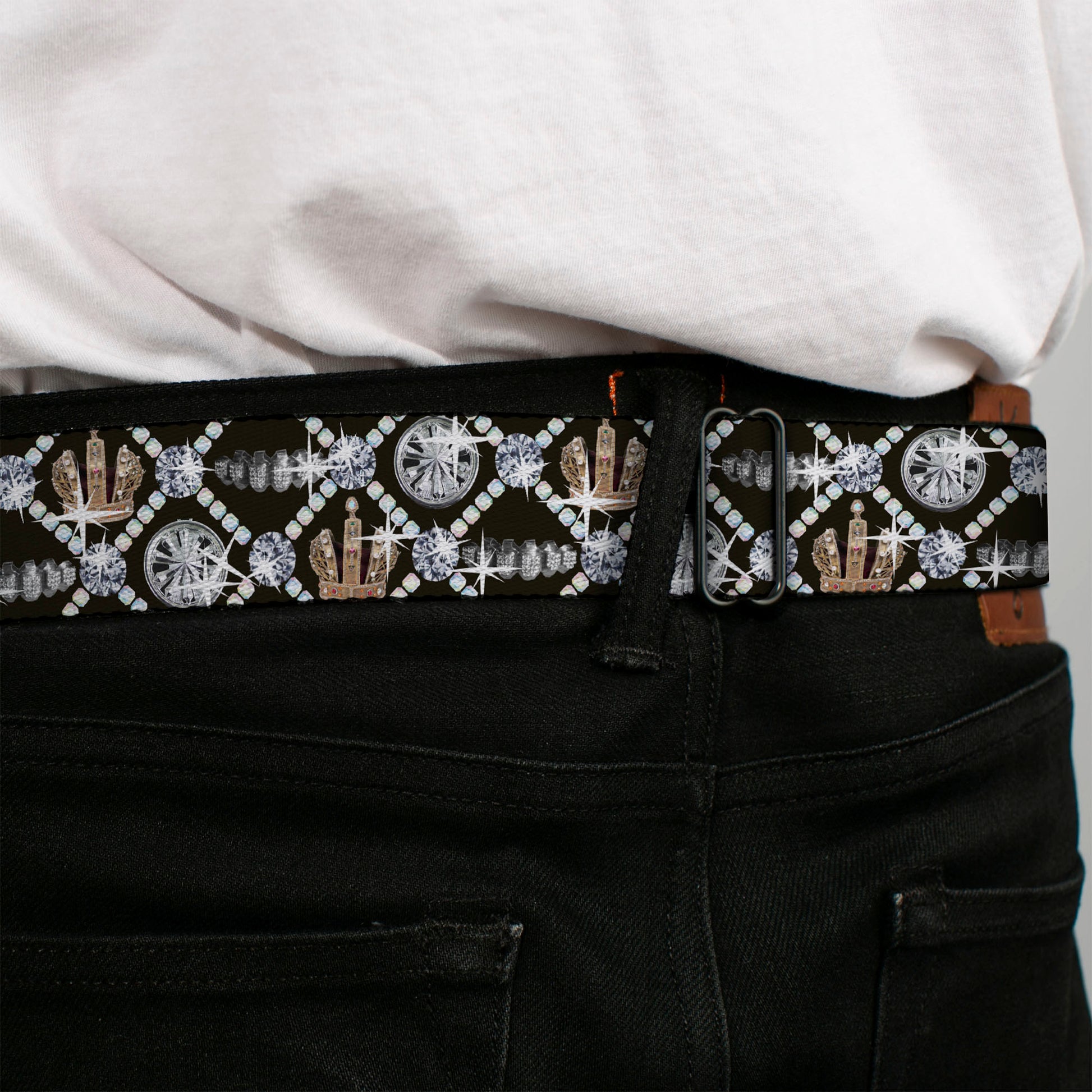 BD Wings Logo CLOSE-UP Full Color Black Silver Seatbelt Belt - Bling Webbing Seatbelt Belts Buckle-Down