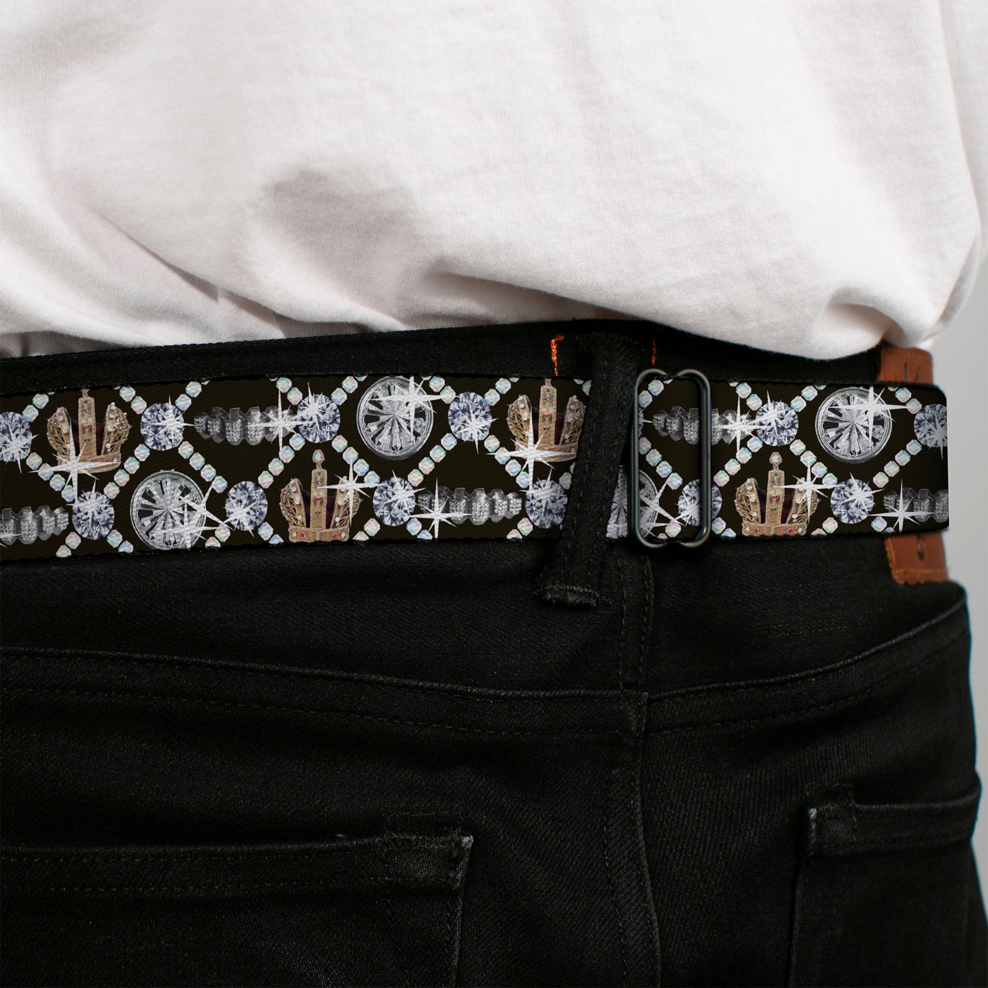 BD Wings Logo CLOSE-UP Full Color Black Silver Seatbelt Belt - Bling Webbing Seatbelt Belts Buckle-Down
