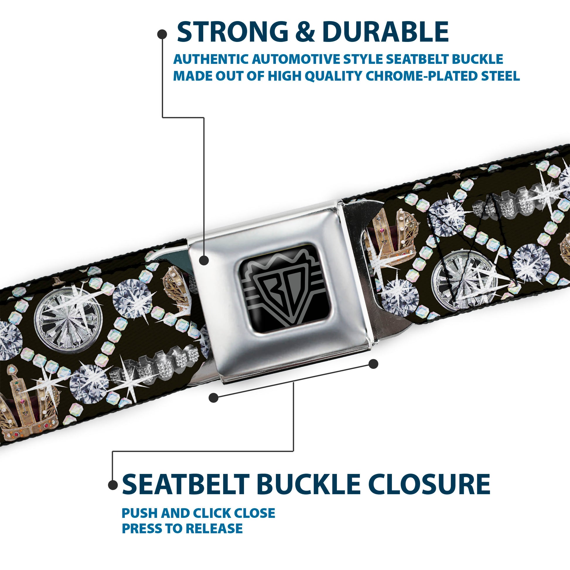 BD Wings Logo CLOSE-UP Full Color Black Silver Seatbelt Belt - Bling Webbing Seatbelt Belts Buckle-Down