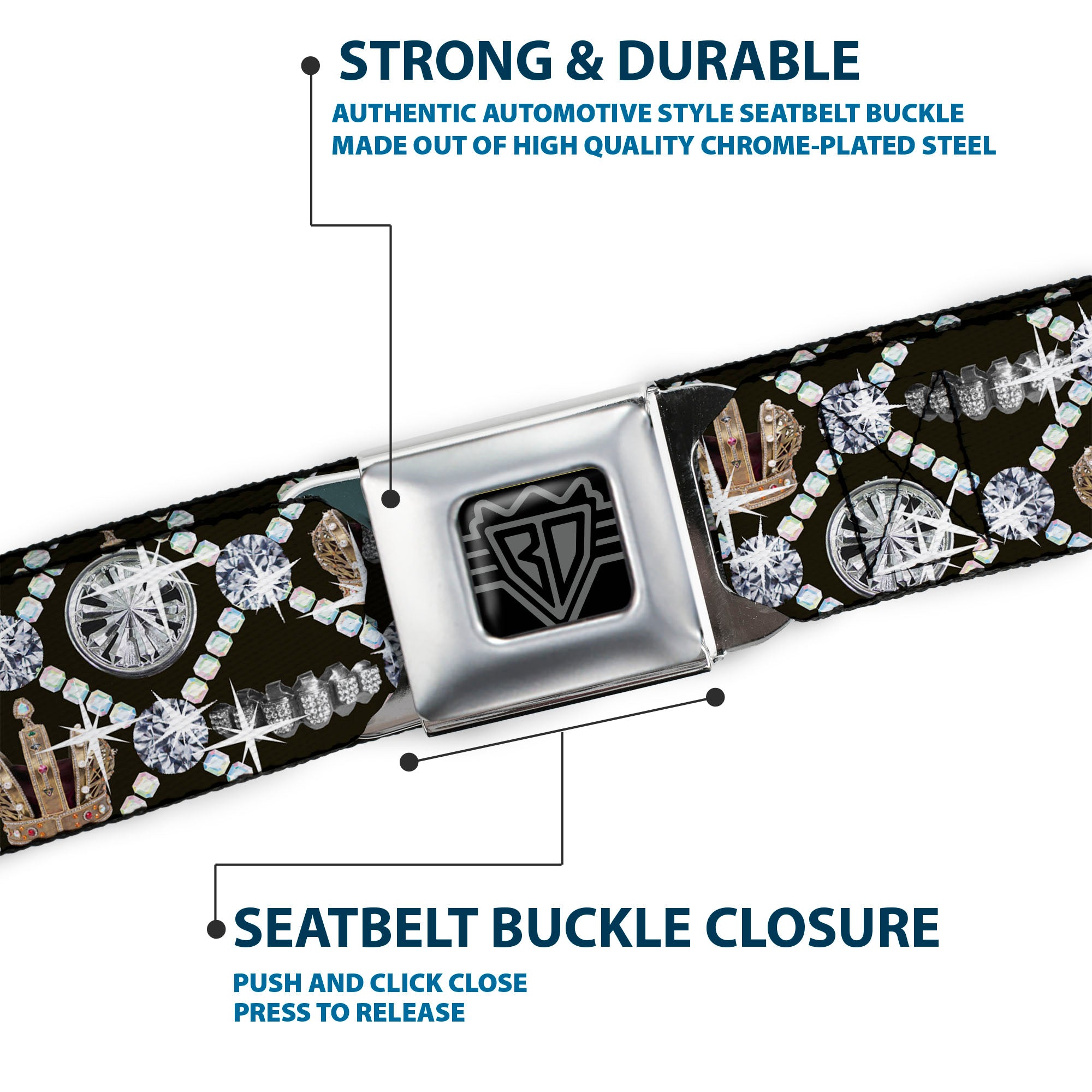 BD Wings Logo CLOSE-UP Full Color Black Silver Seatbelt Belt - Bling Webbing Seatbelt Belts Buckle-Down